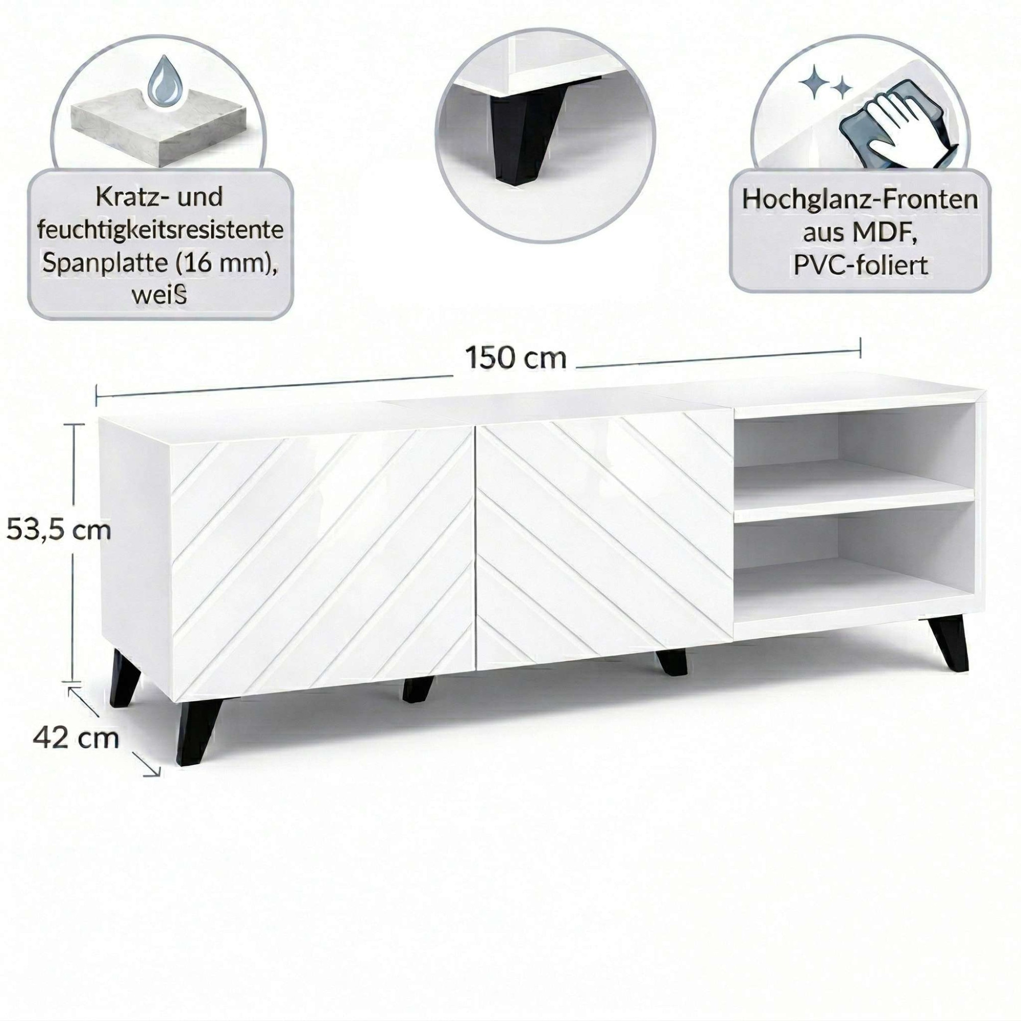 GOODproduct Lowboard »HOLLY 1.5, TV-Board, TV-Kommode, TV-Schrank, TV-Unterschrank, TV-Möbel« Modernes lackiertes Hochglanz TV-Board, grifflos, Breite 150 cm