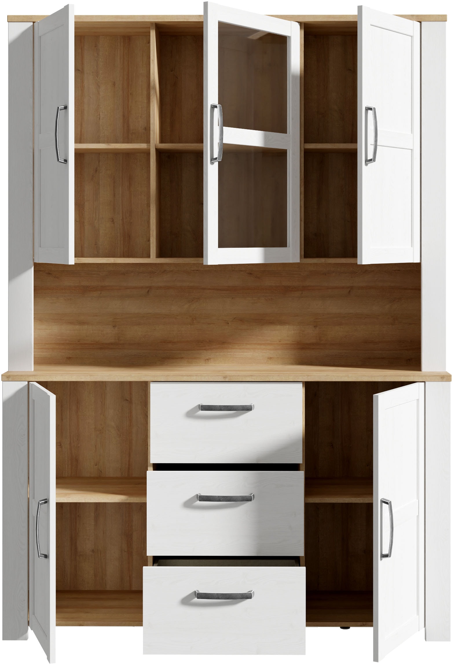 FORTE Buffet »Bohol, grosses Highboard,4Türen, 1 Glastüre, 3 Schubkästen« B/H/T 146,1/205,4/42 cm, sehr viel Stauraum