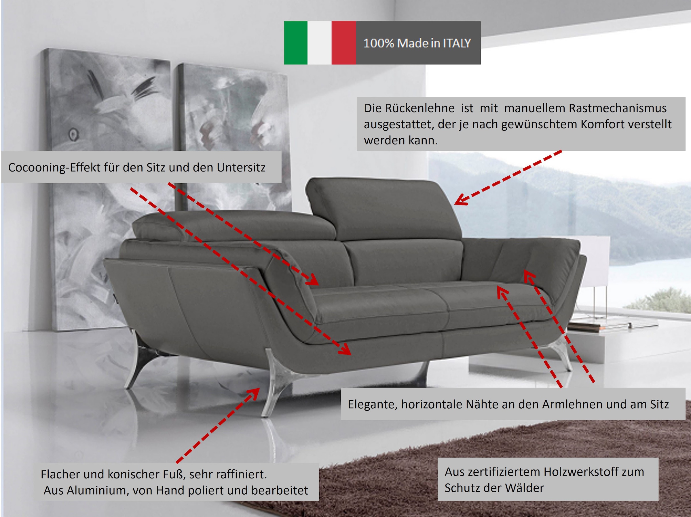 Egoitaliano 2,5-places »Sueli, extravagantes Design und erstklassiger Sitzkomfort,« Bezug Leder, inklusive Kopfteilverstellung