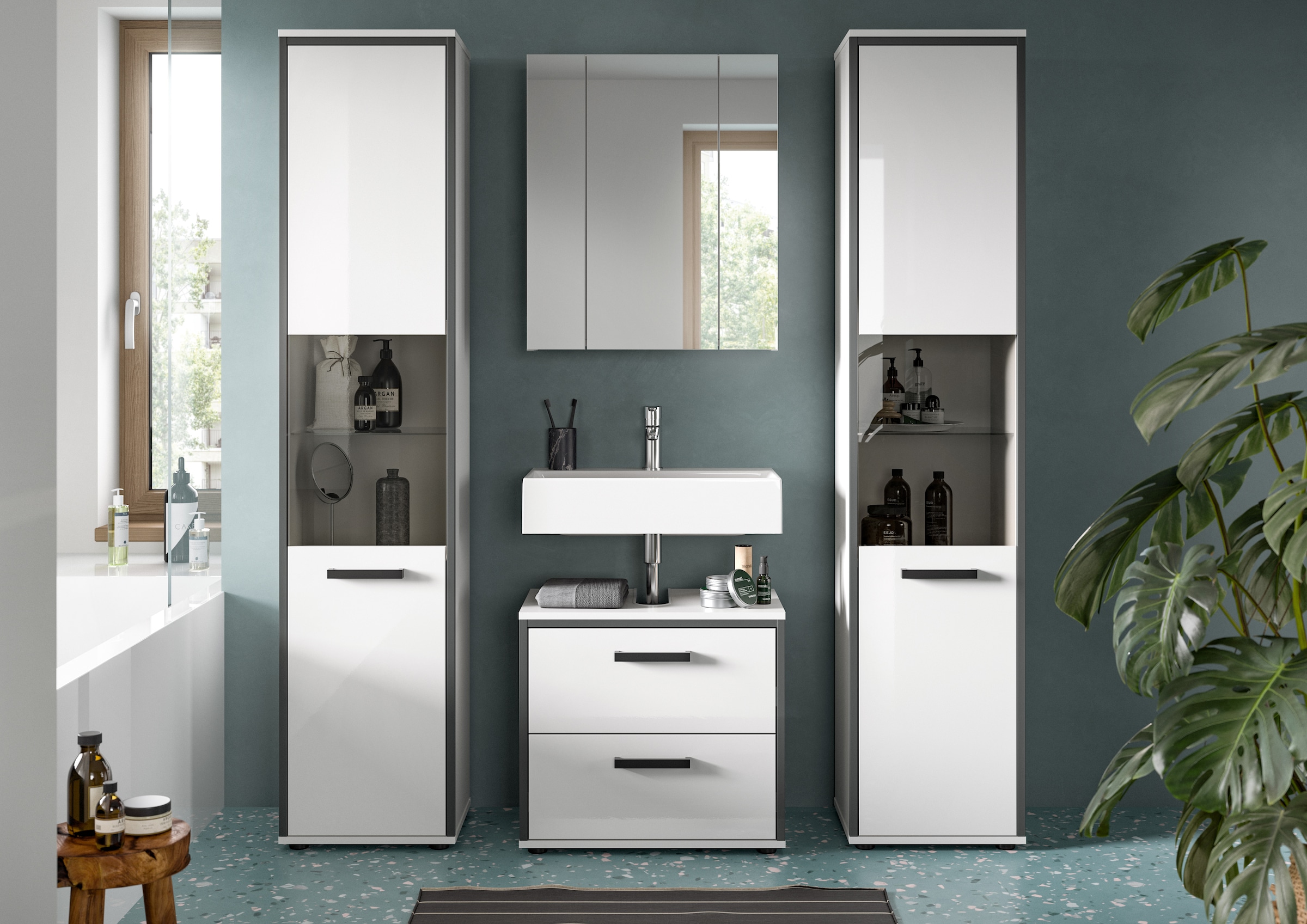 welltime Ensemble de meubles de salle de bain »KAJO, 4-tlg. Badkombination, weiss hochglanz« Set, Set, best. aus:2Hochschränken, 1 WBU, 1 Spiegelschrank, 4 cuis tlg.