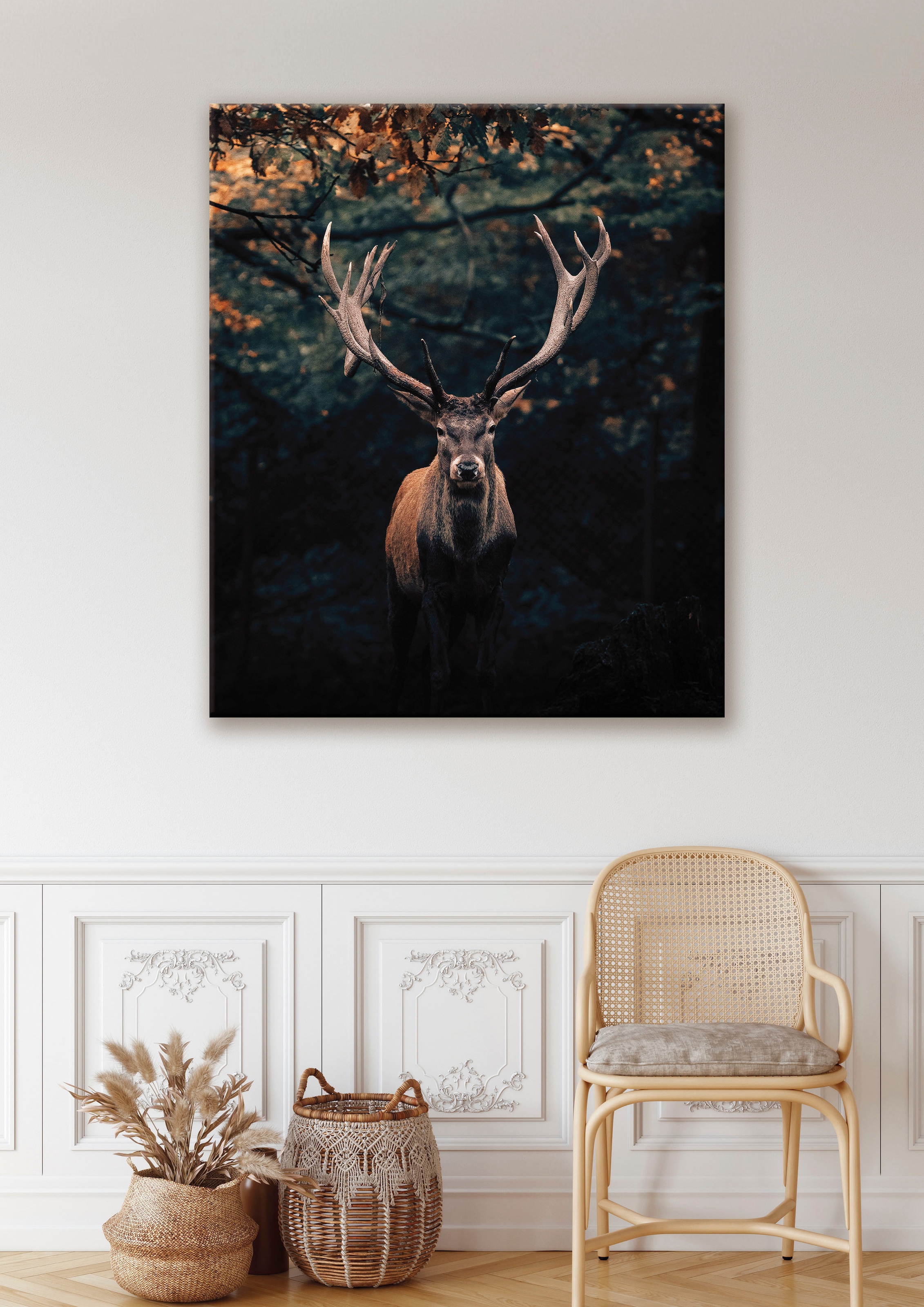 Bönninghoff Tableau sur toile »Wandbild HIRSCH IM WALD XXL 118x140 cm – Leinwandbild Keilrahmen Deko« Animaux | Animaux sauvages | Cerf | Cerfs | Chevreuils | Forêt | Images de cerfs | Nature 1 cuis tlg. tendu sur châssis