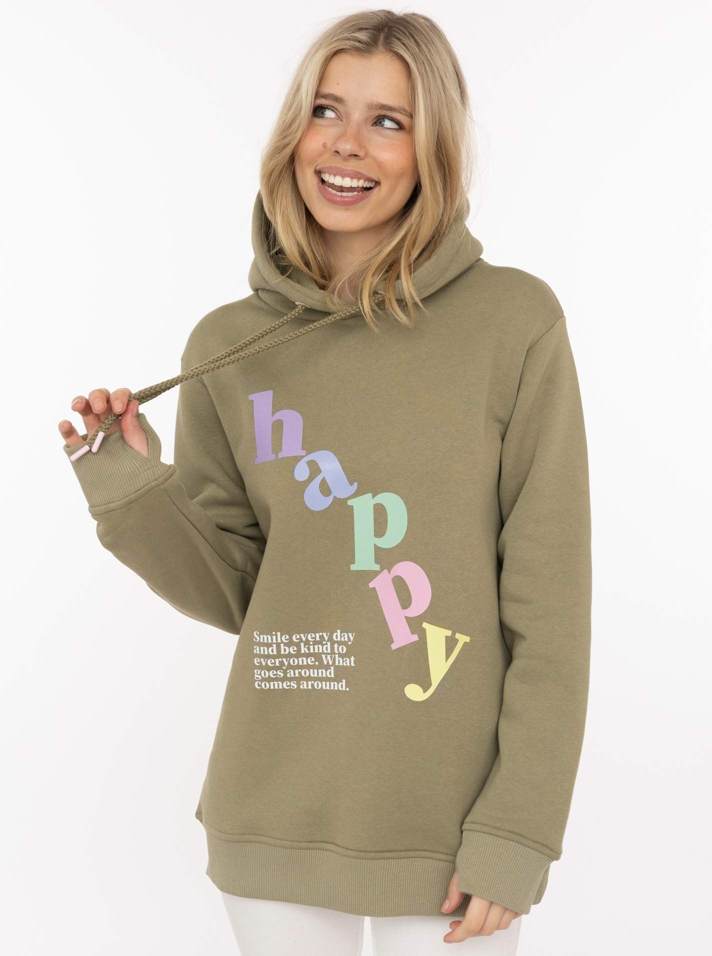 Zwillingsherz Hoodie »"happy"«, grosser „Happy“ Print , Kapuze mit Kordel, elastische Bündchen
