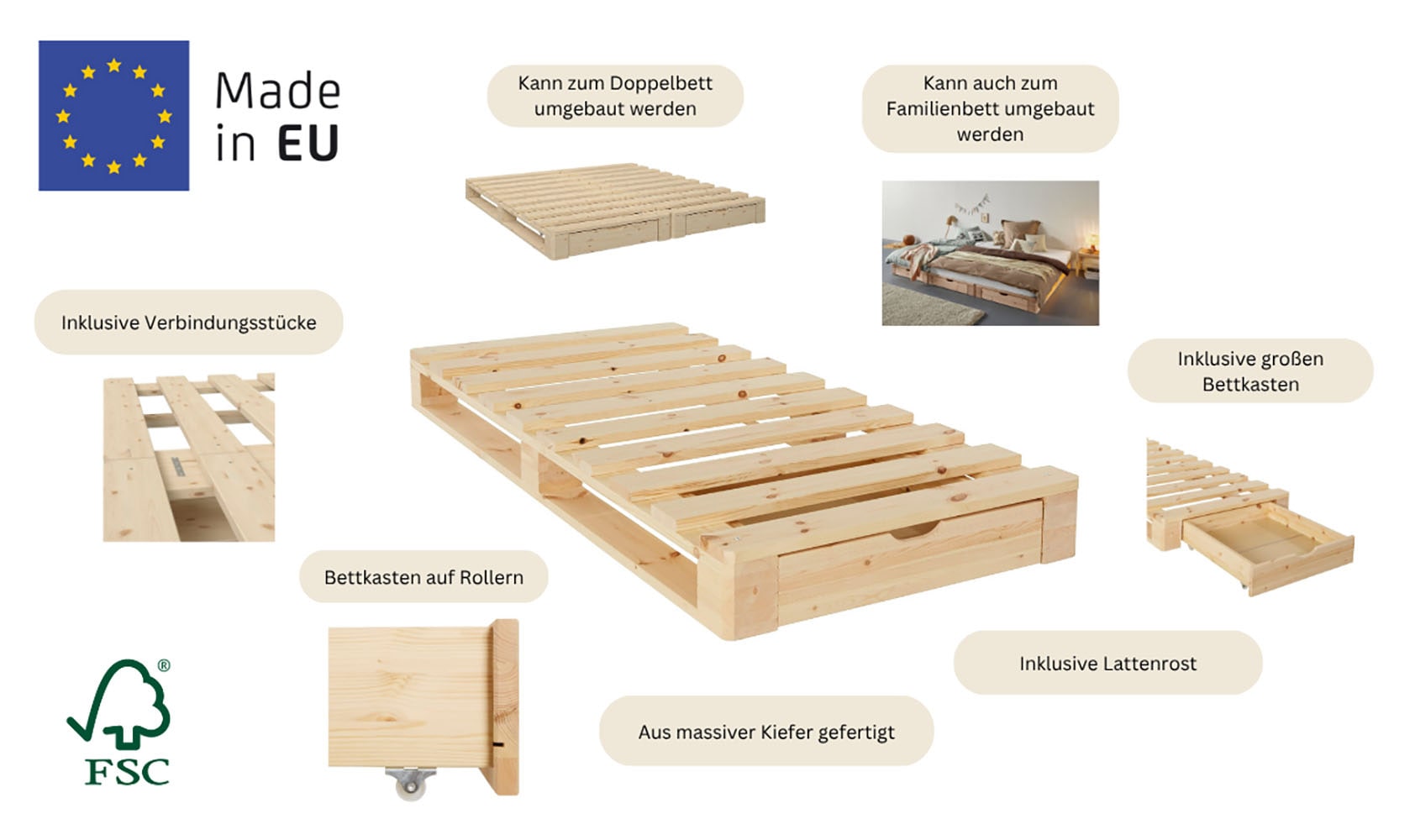GOODproduct Palettenbett »"ALASCO "  Mit Schublade« zertifiziertes Massivholz, erweiterbar zum Doppel- oder Familienbett