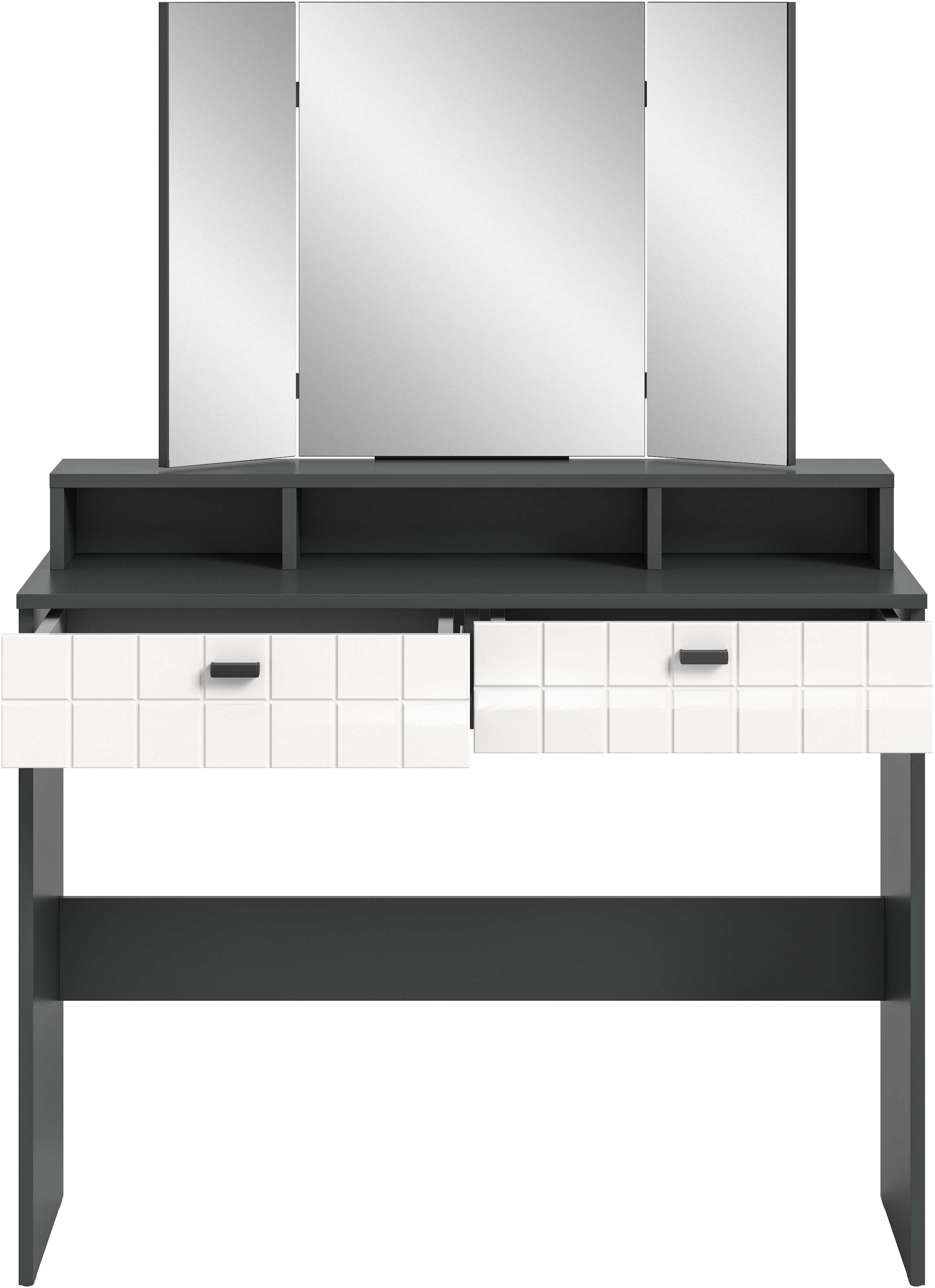 INOSIGN Coiffeuse »GORA, Breite 100 cm, 2 Schubkästen, 1feste & 2 faltbare Spiegelflächen« gefräste Front in Waffeloptik hochglanz, Frisiertisch, Spiegeltisch