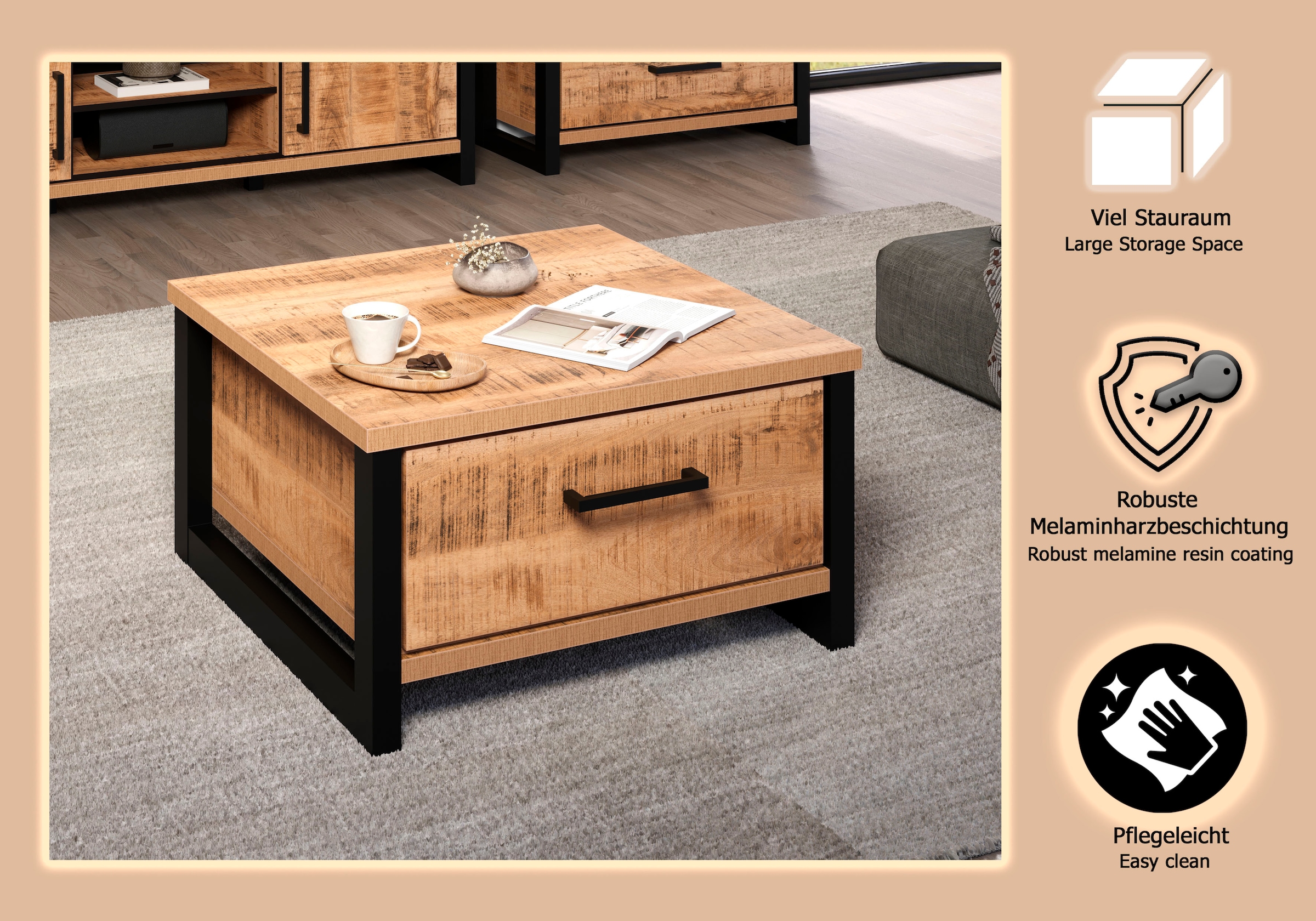 Home affaire Table basse »Elda« 1 cuis tlg. Couchtisch mit 2 Vollauszug Schubladen – (B/T/H) 80/80/45 cm