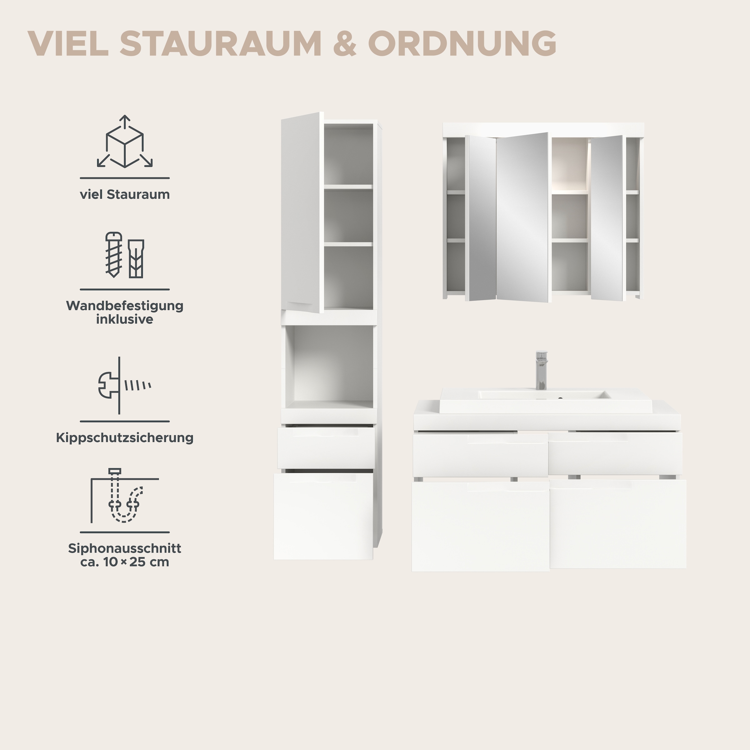 GOODproduct Badmöbel-Set »MAOI, 3-tlg. Badkombi, hochwertige MDF Front, optional mit Beleuchtung«