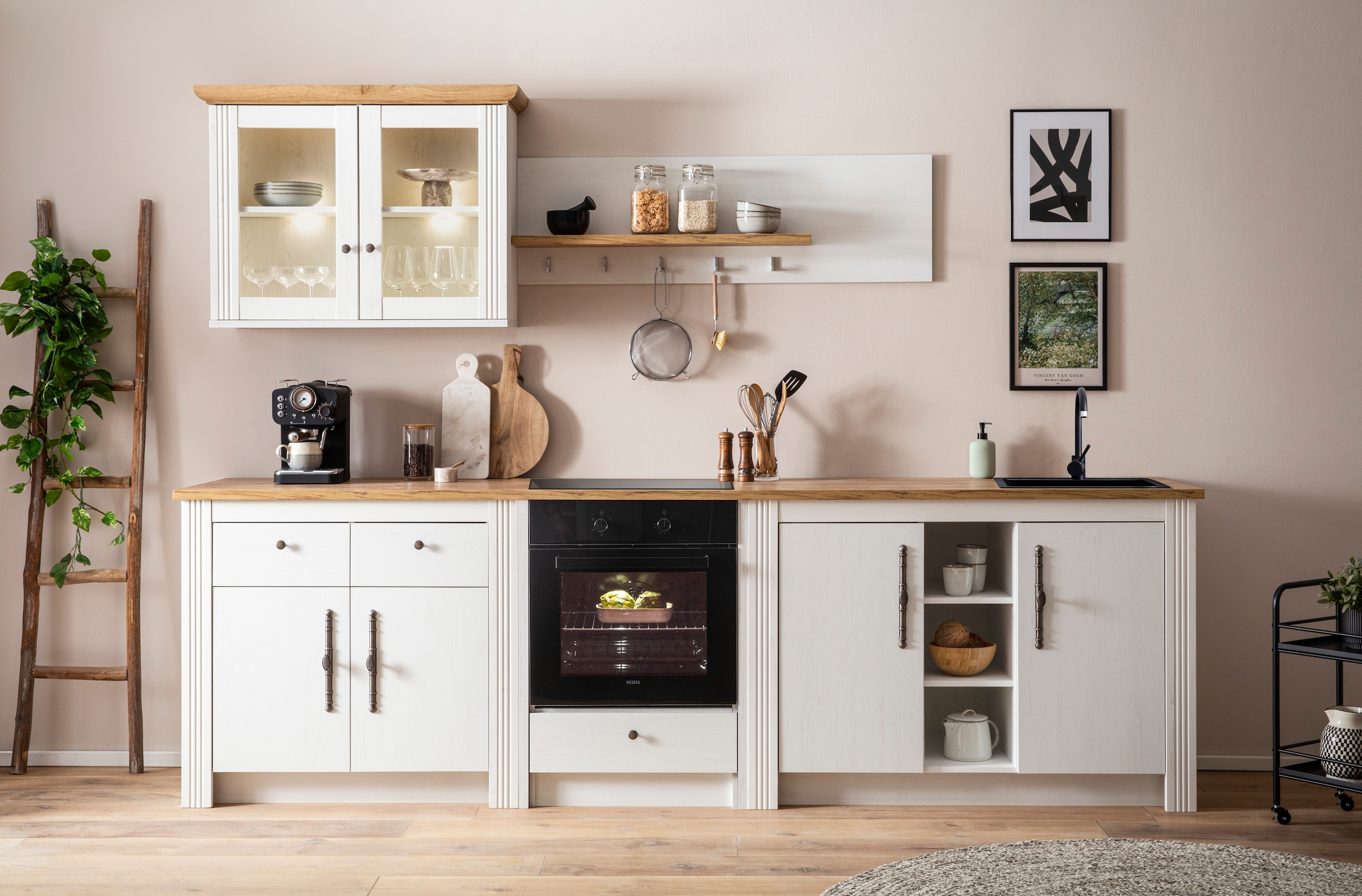 GOODproduct Küchenzeile »KS-Westminster, Pantryküche im Landhaus Stil, hochwertige Metallgriffe« Set,  Breite 294 cm, Kommoden, Wandpaneel, Hängeschrank, Herdumbau