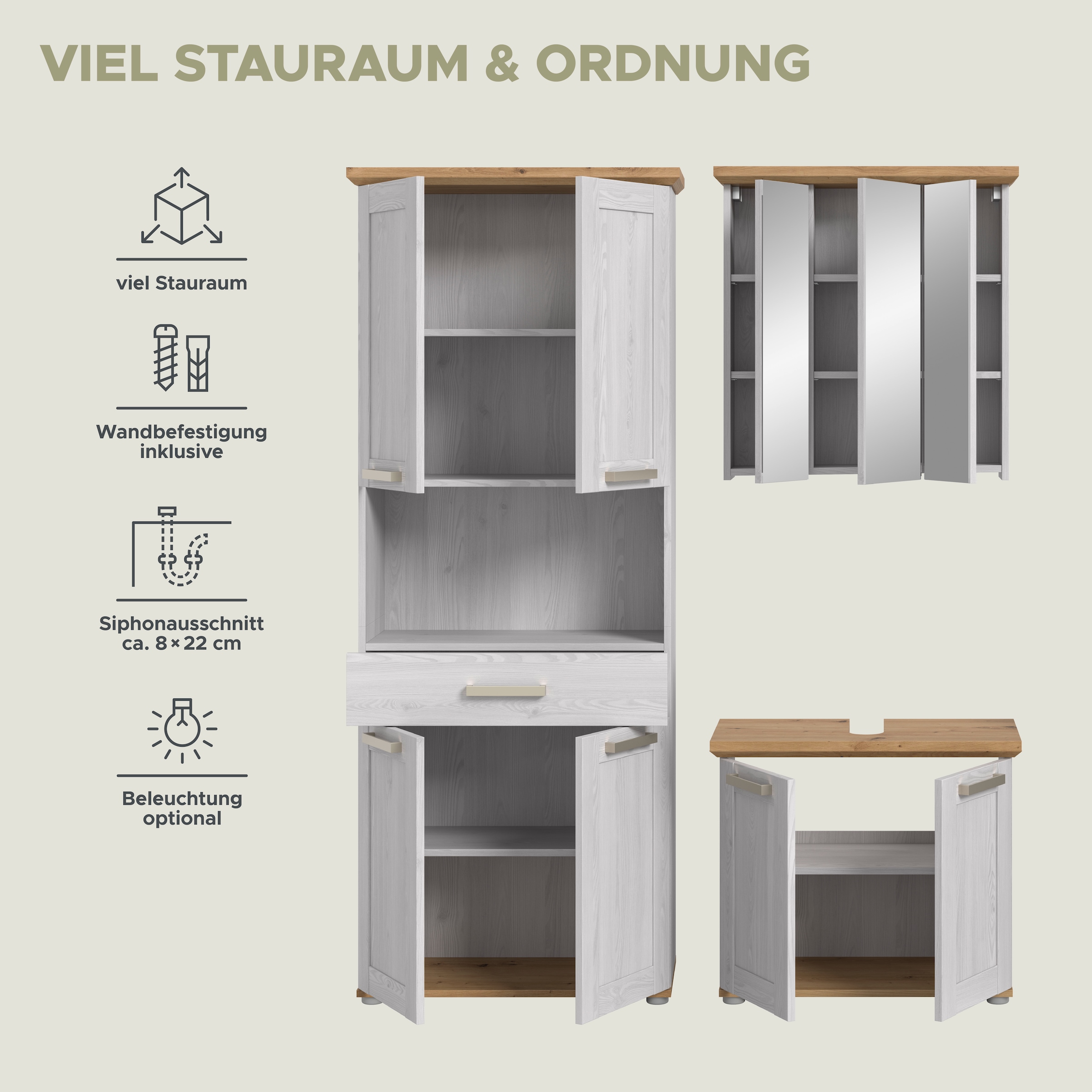 welltime Ensemble de meubles de salle de bain »COSENZA« best. aus: 1 Hochschrank, 1 Spiegelschrank, 1 Waschbeckenunterschrank, 3 cuis tlg.