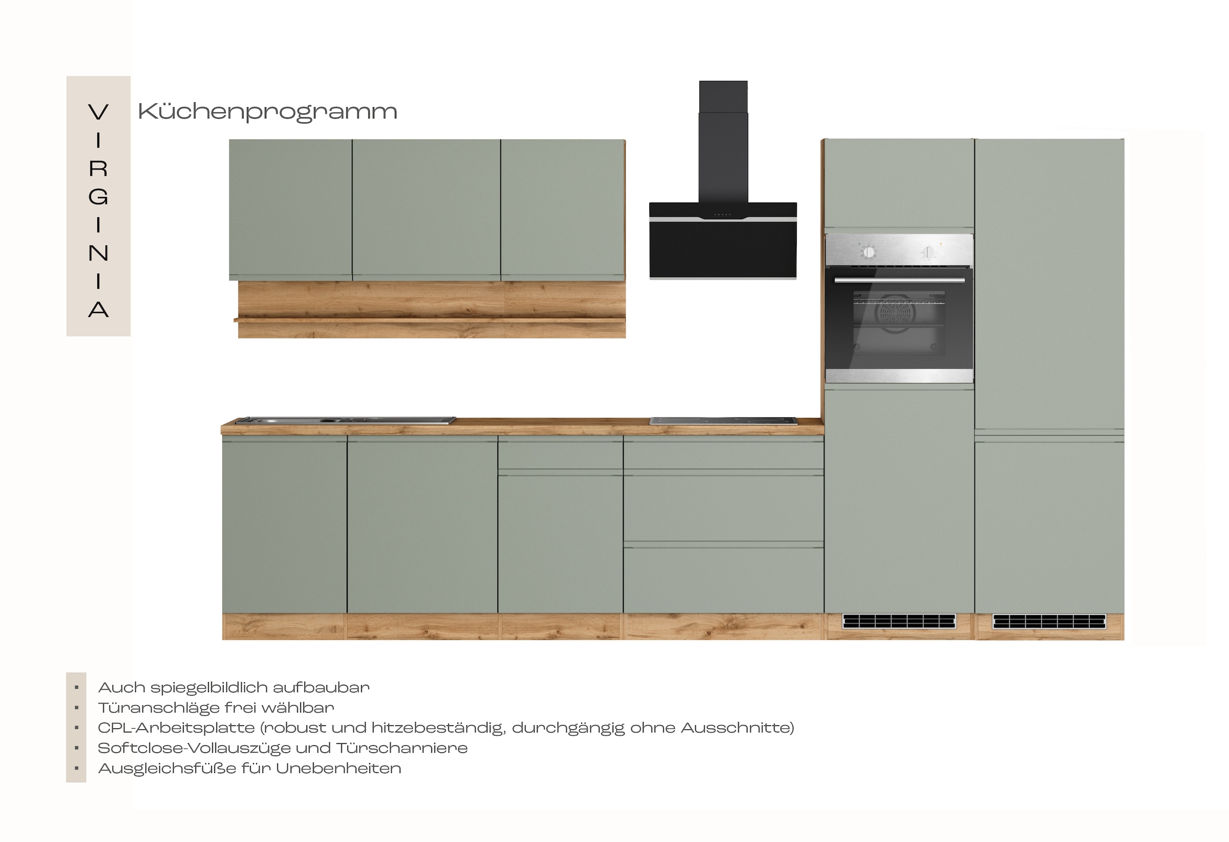KOCHSTATION Kitchenette »KS-Virginia,neu in verbesserter Ausführung« plan de travail épaisseur 38 mm, rangement, fermeture douce,  largeur 360 cm, softclose, au choix avec appareils électriques et induction