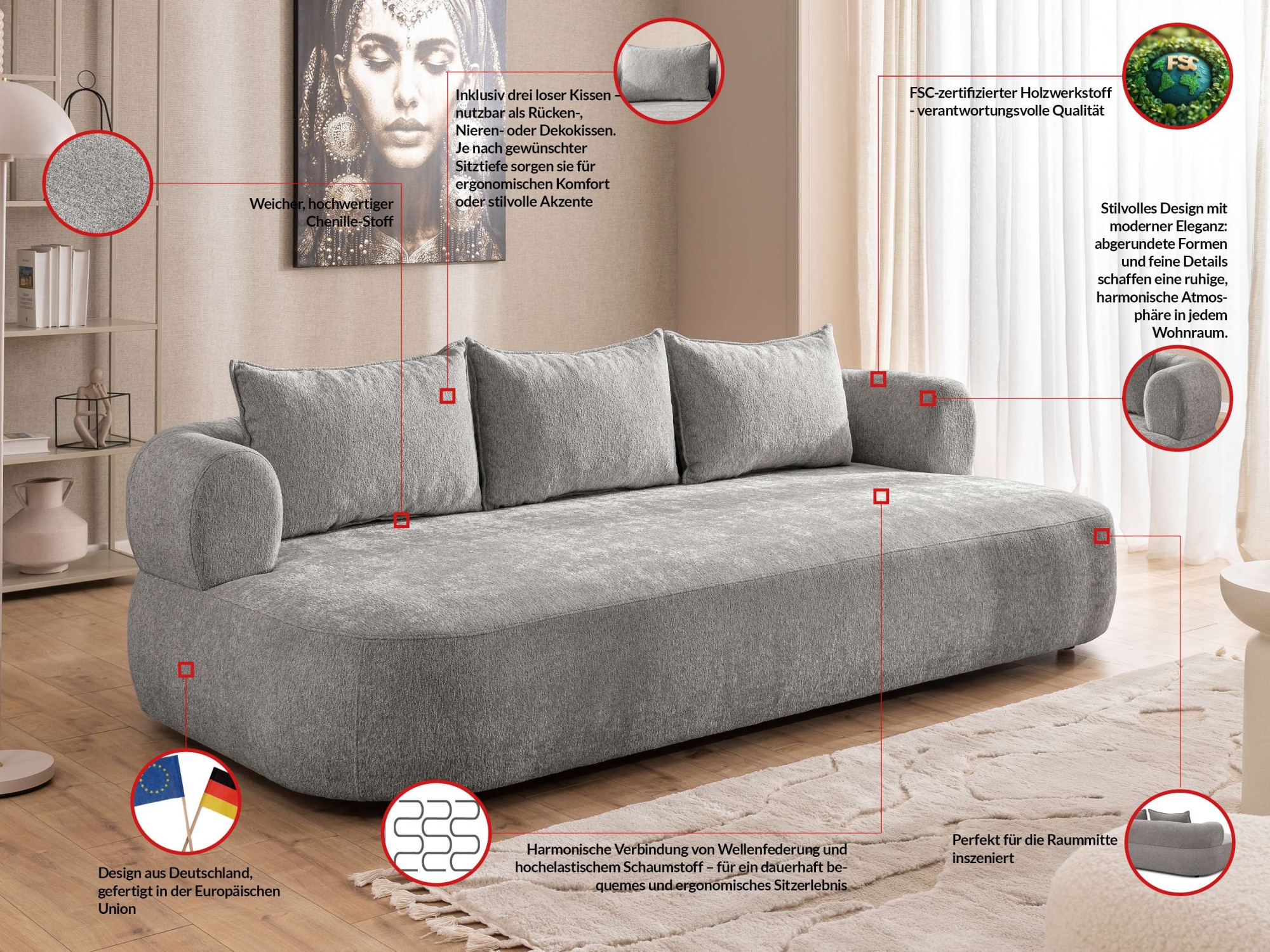 Home affaire Canapé Big »LUSSAC 4-Sitzer Design-Sofa mit Zierkissen, Masse B/T/H: 242/123/78 cm« hoher Sitzkomfort und modernes Design, Sofa ohne Bettfunktion