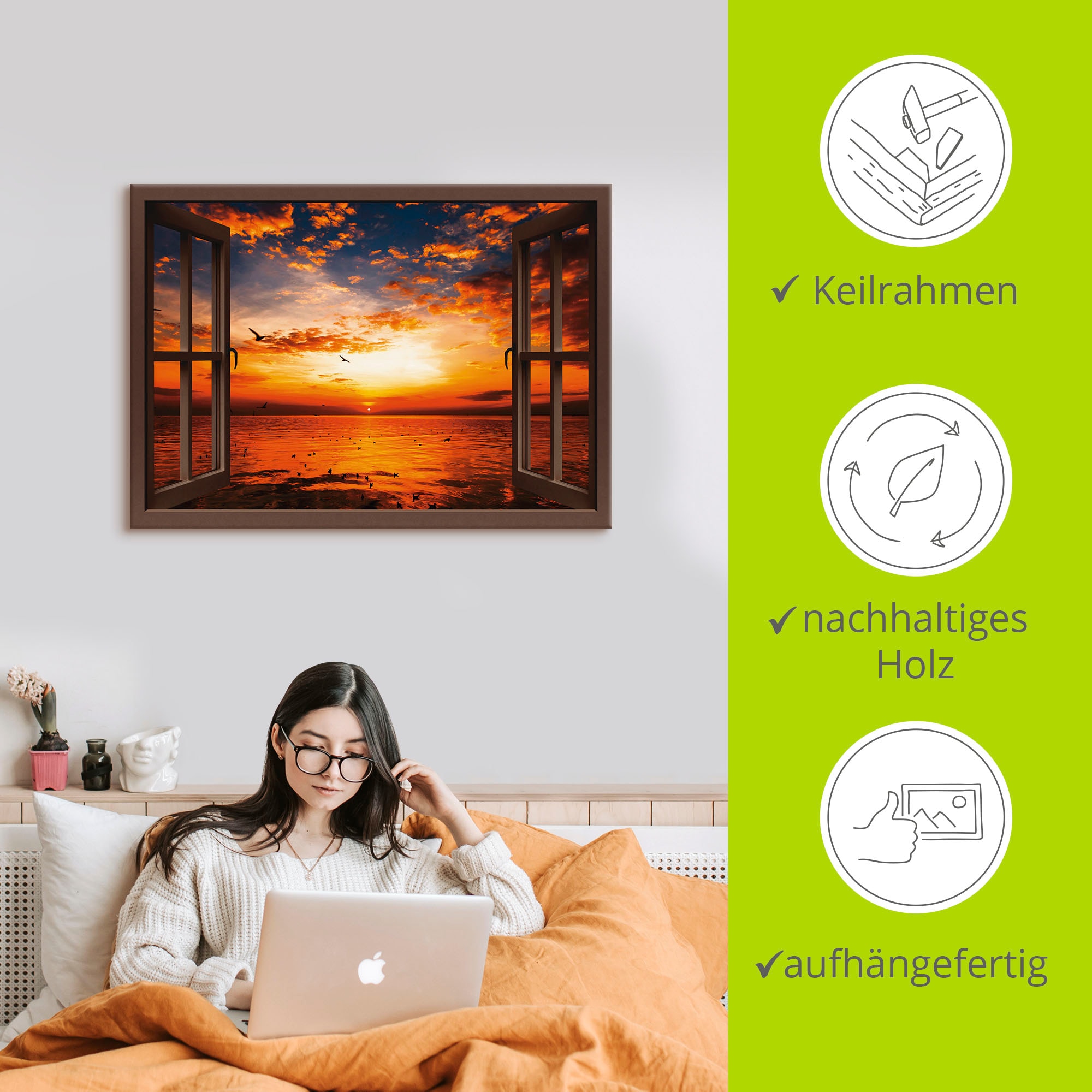 Artland Leinwandbild »Fensterblick Sonnenuntergang am Strand« Fensterblick 1 Stk. tlg. auf Holzrahmen gespannt