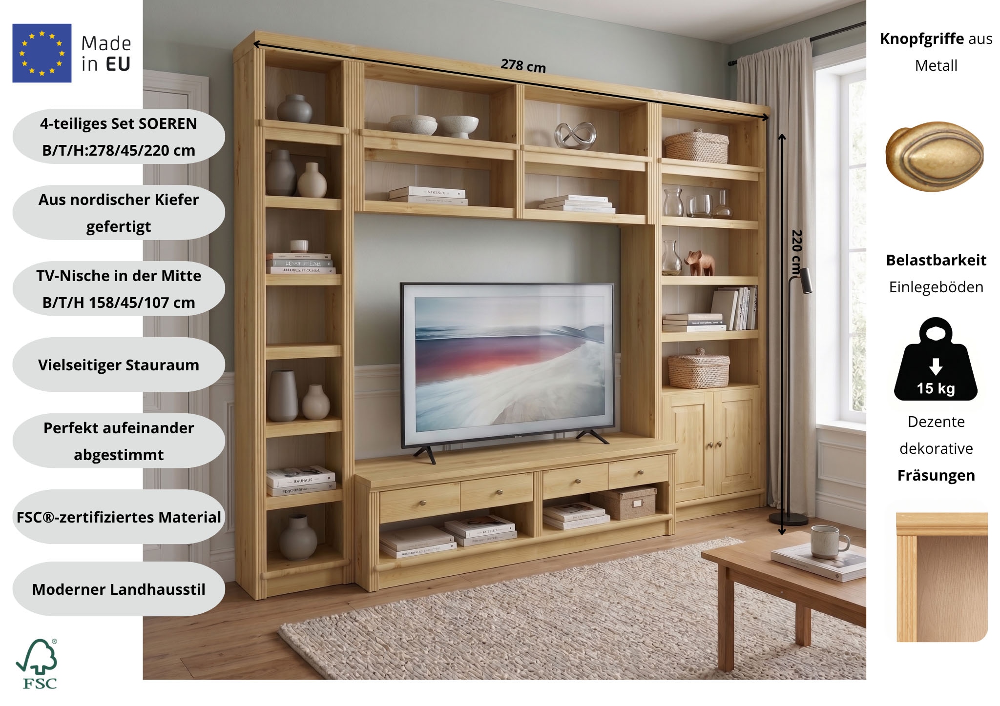GOODproduct Meuble mural »Soeren, 1 Standregal, 1 Wandregal, 1 TV-Lowboard, 1 Bücherregal« Ensemble, 4 cuis tlg.
