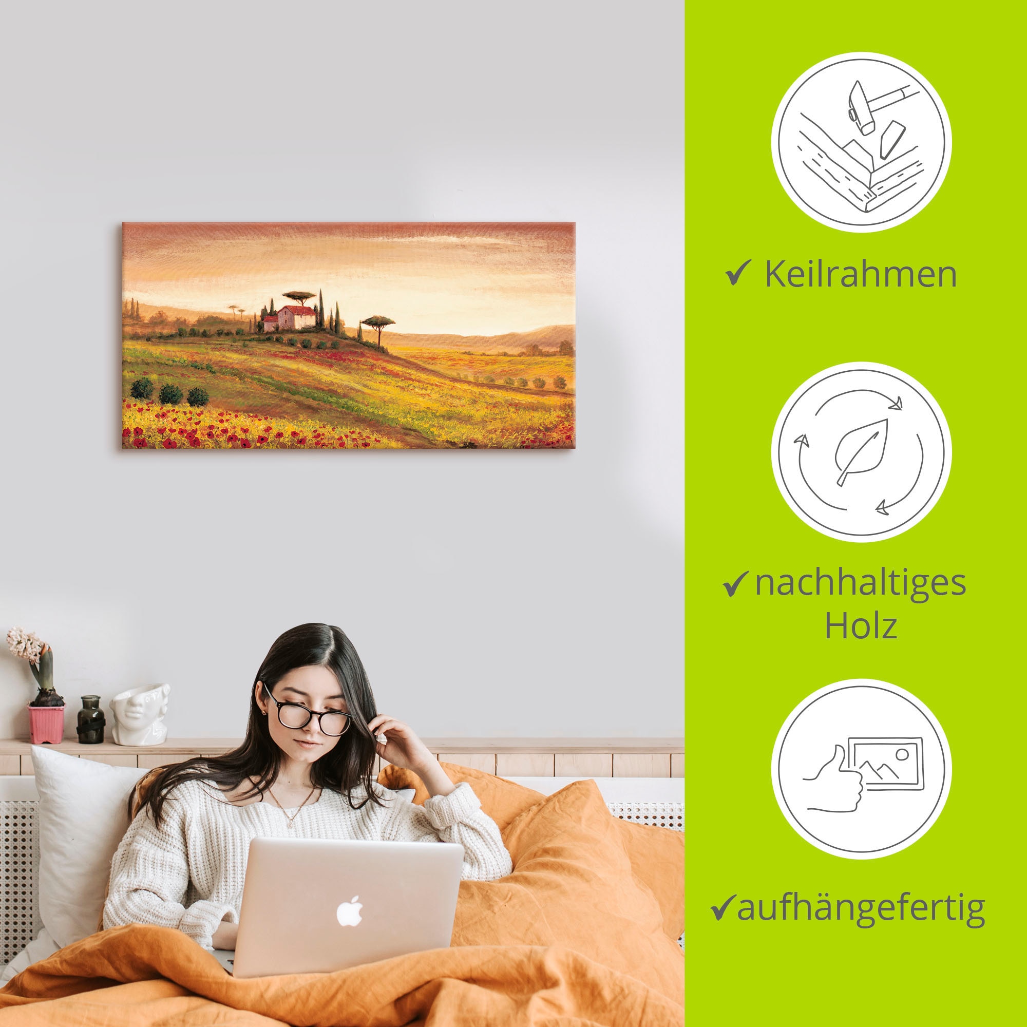 Artland Leinwandbild »Toskanalandschaft mit Mohnblumen« Europa 1 Stk. tlg. auf Holzrahmen gespannt