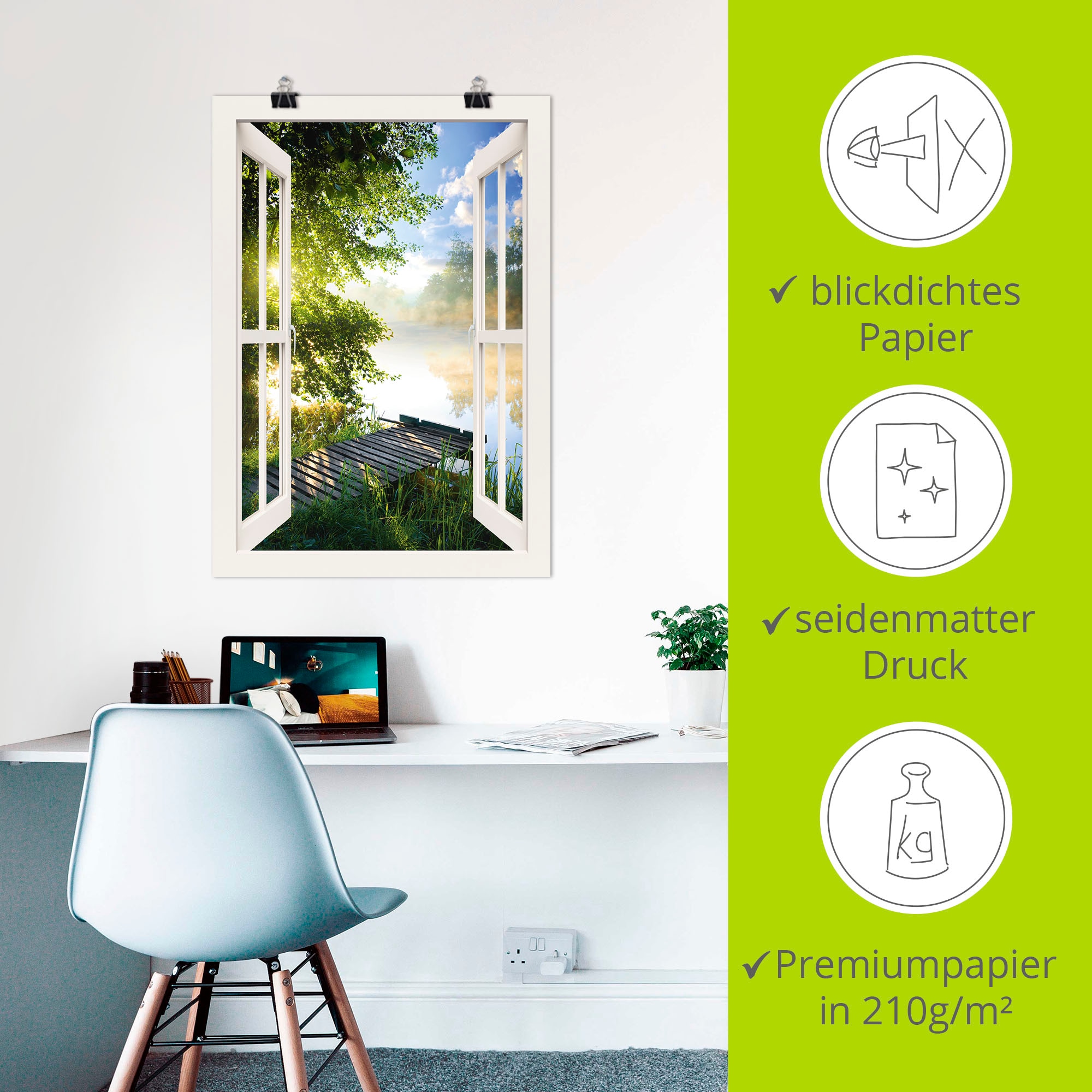 Artland Wandbild »Fensterblick Angelsteg am Fluss« Fensterblick 1 Stk. tlg. als Alubild, Leinwandbild, Poster in verschied. Grössen