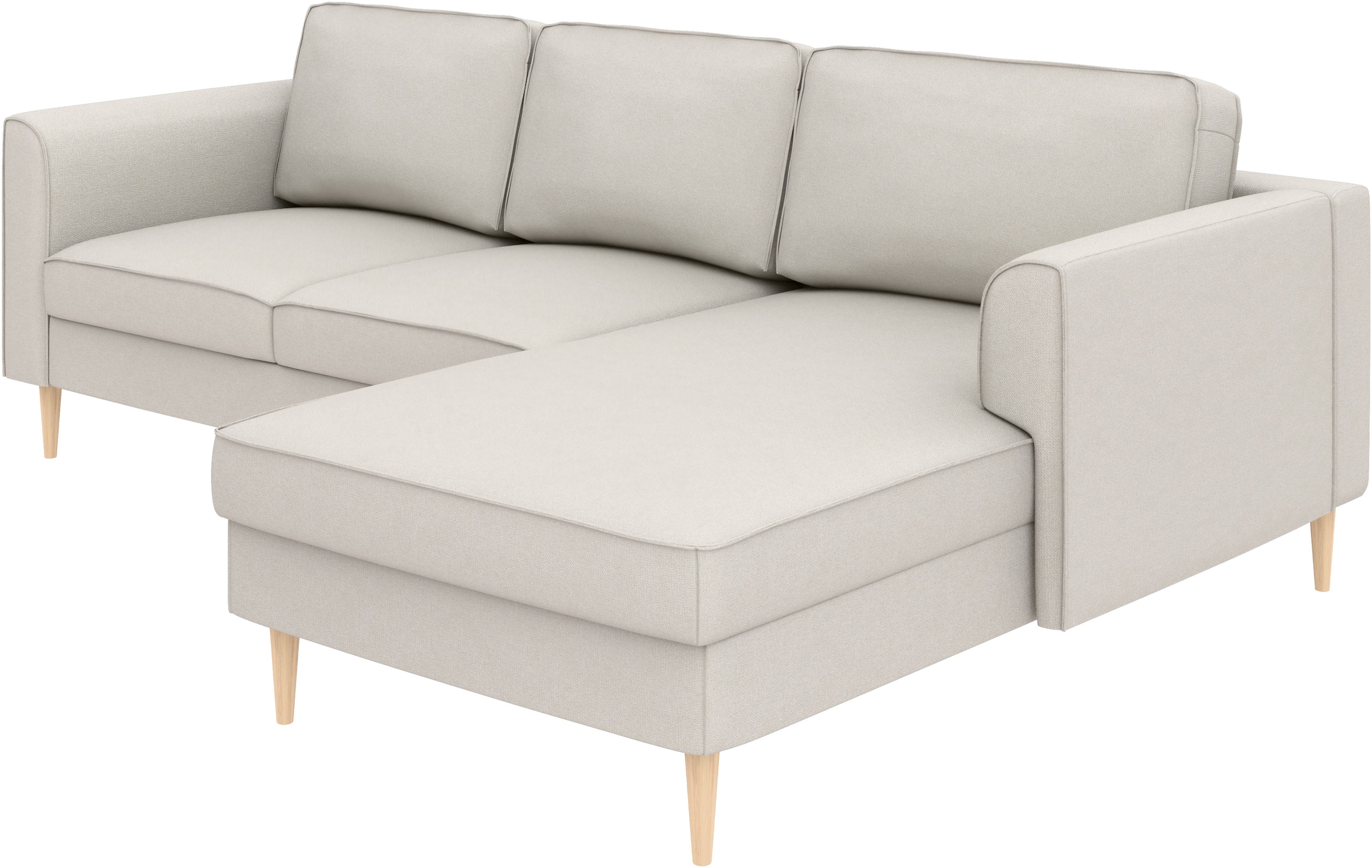 Home affaire Canapé d'angle »Booster, whlw. mit Schlaffunktion & Bettkasten, Fuss Buche lackiert« recamière montable des deux côtés, forme en L, en velours côtelé & structure, L: 232 cm