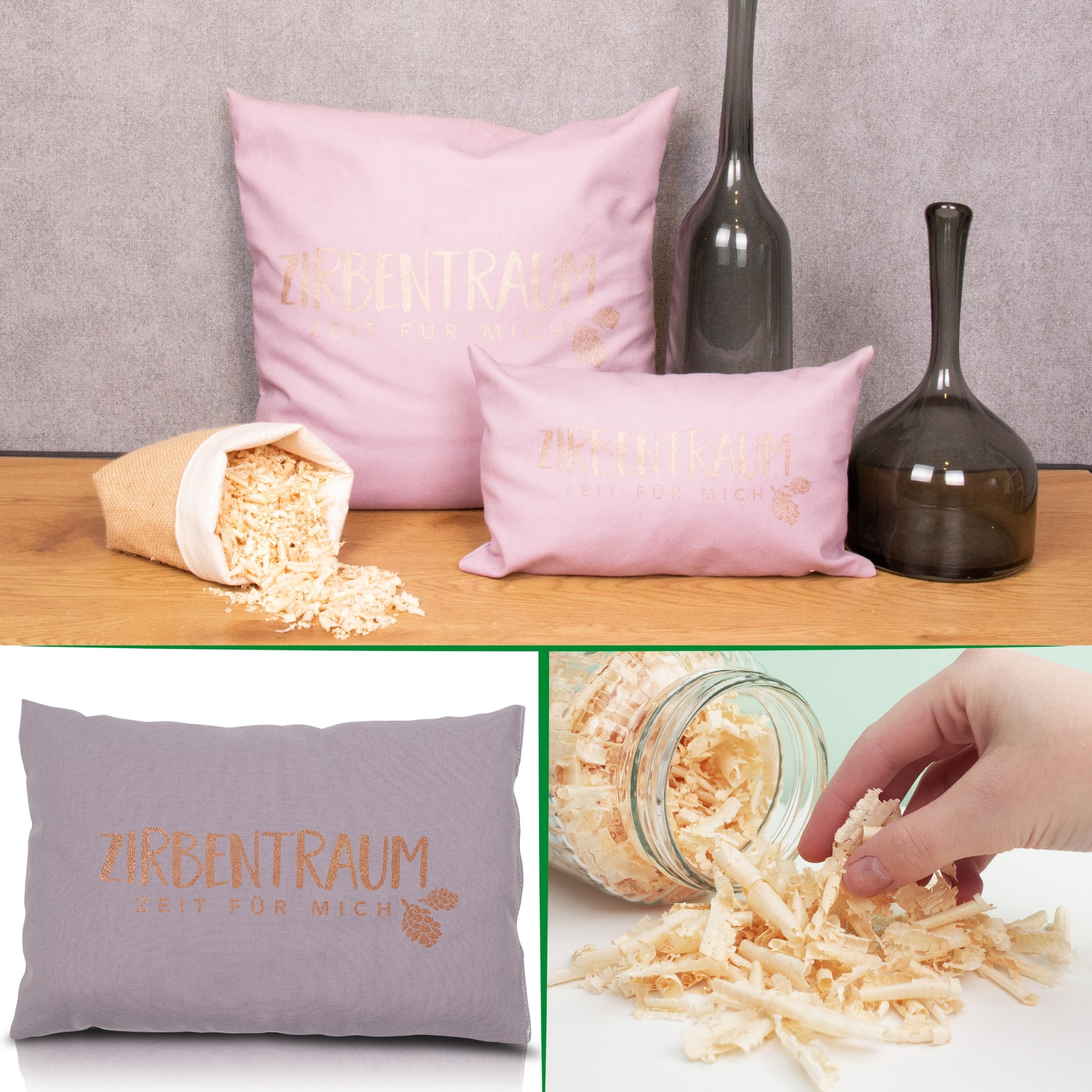 herbalind Zirbenkissen »Zirbentraum in Anthrazit/Roségold 30x20 mit Reissverschluss - Gefüllt« mit hochwertigen Zirbenholzflocken 100% Baumwolle - Made in Germany