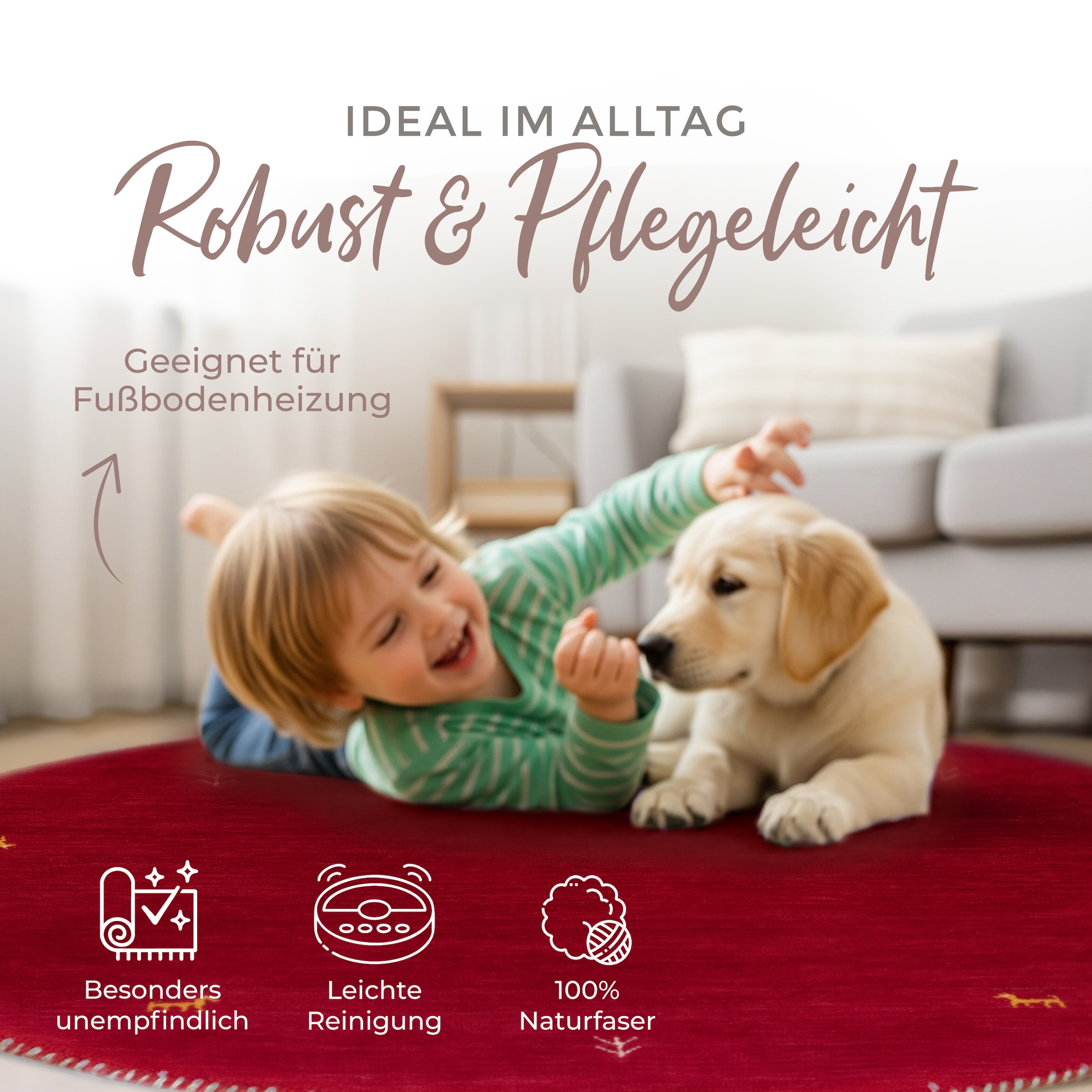 carpetfine Tapis en laine »Gabbeh Uni« Rond 15 mm Höhe reine Wolle handgewebt, Gabbeh Tiermotiv warmes Raumklima viele Grössen