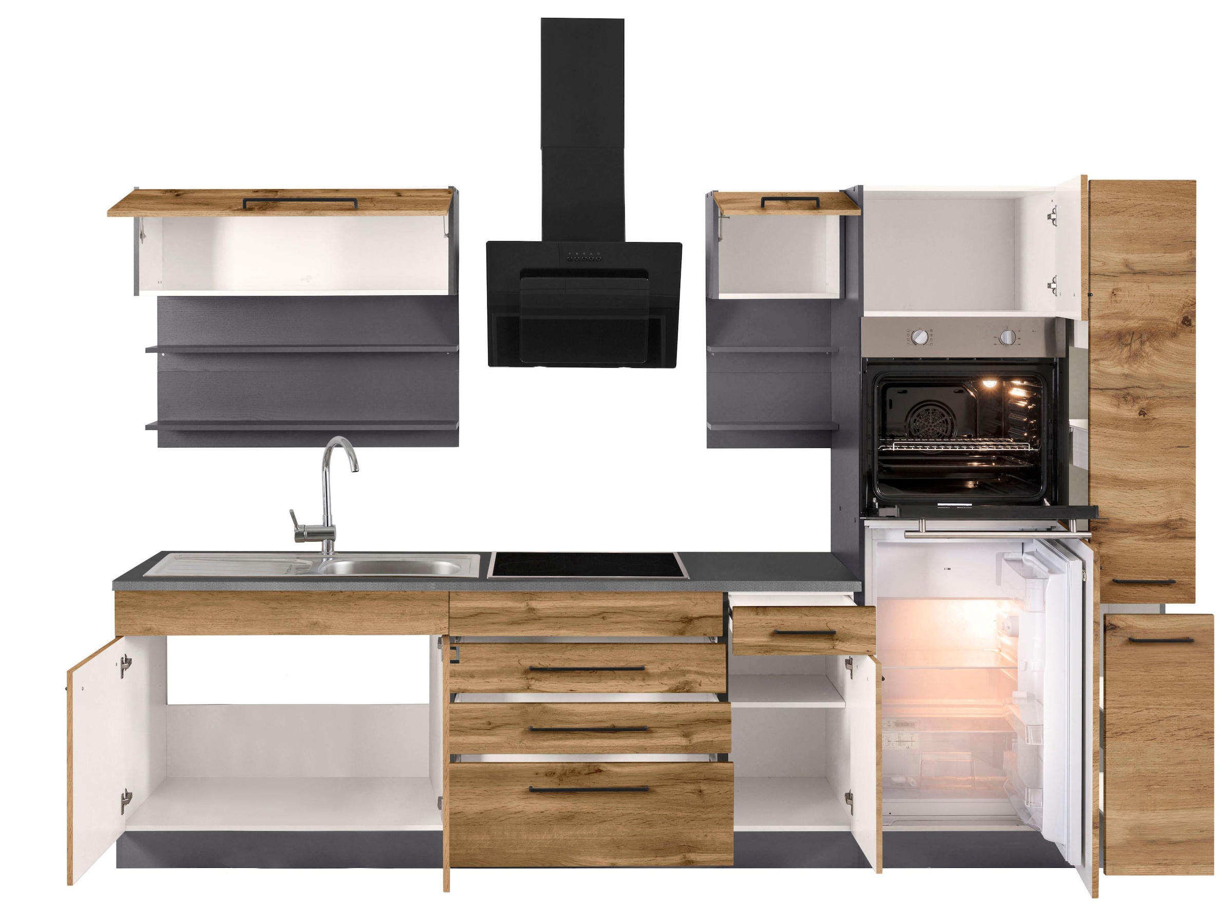 KOCHSTATION Küchenzeile »KS-Tulsa« ohne E-Geräte, Breite 290 cm, schwarze Metallgriffe, MDF Fronten