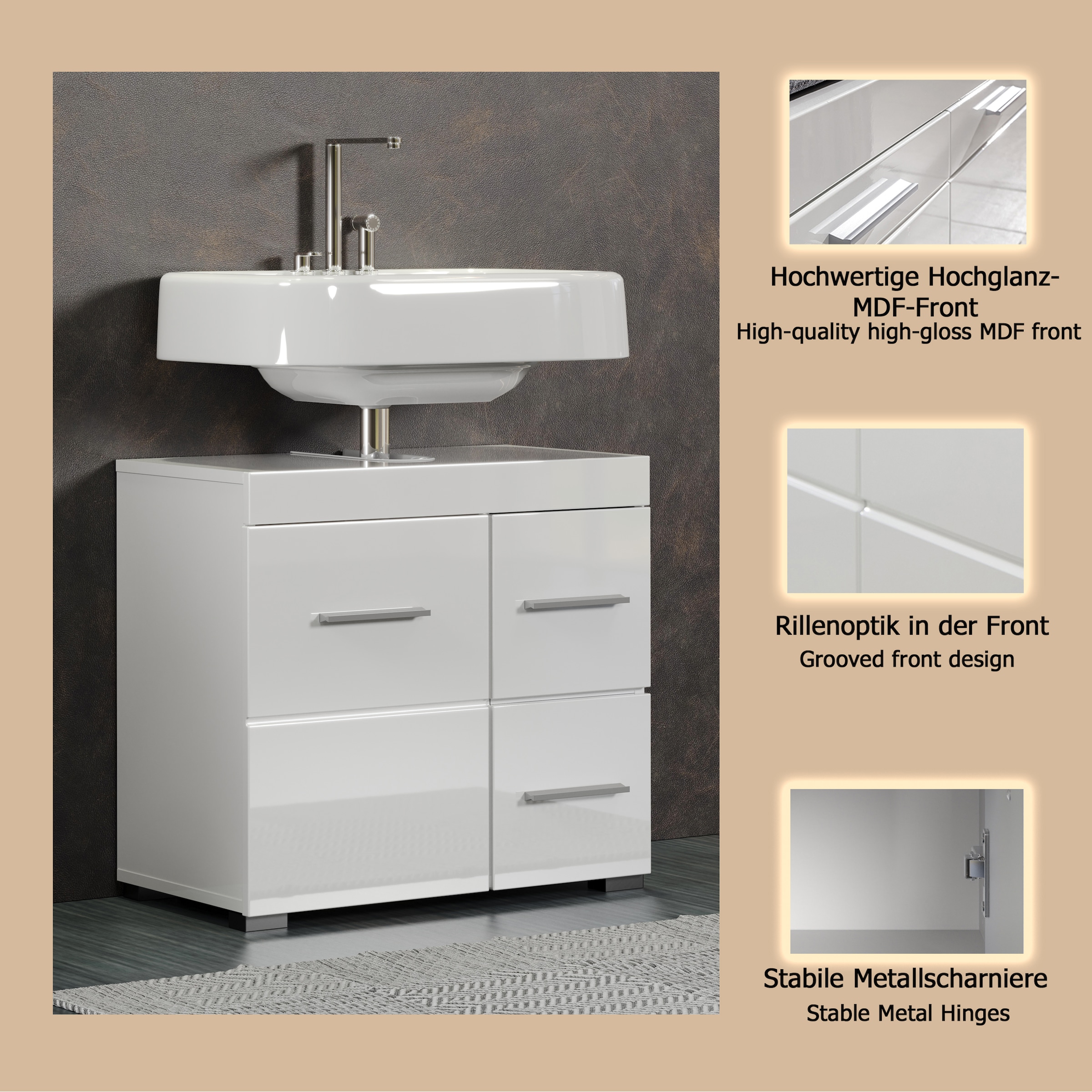 welltime Armoire sous lavabo »Avena« 1 cuis tlg. Badezimmerschrank mit Tür & Schubkästen – (B/T/H) 60/34/56 cm