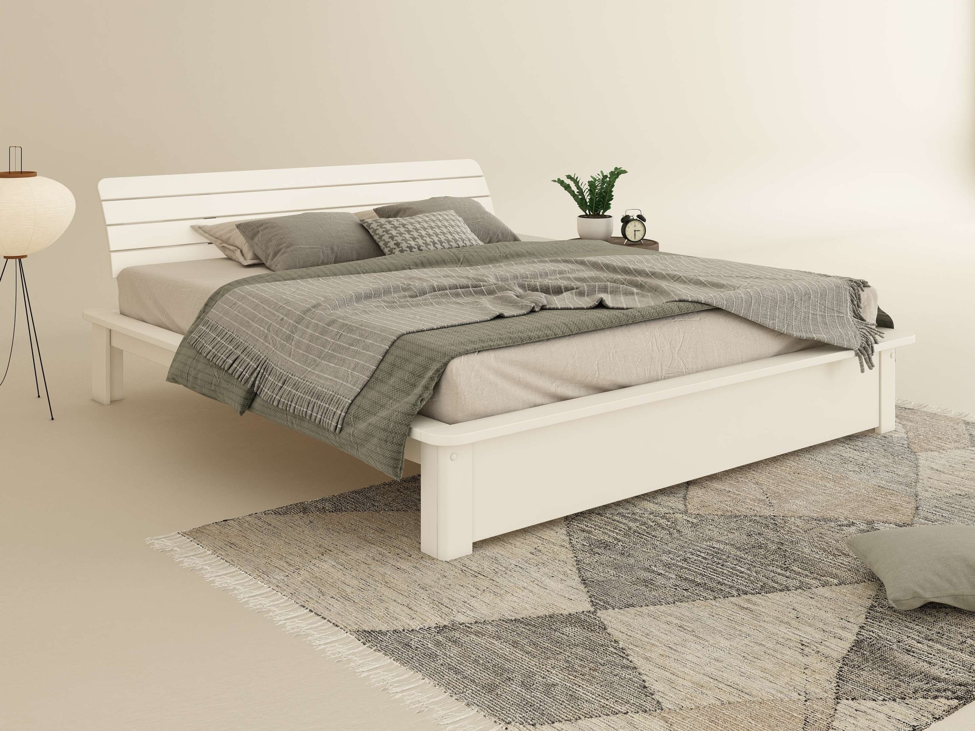 GOODproduct Lit en bois massif »Antri, Futonbett, ergonomisch geformtes Kopfteil, stilvolles Design« Rahmen zur Ablage von Smartphone, mit Lattenrost, Bettkasten optional