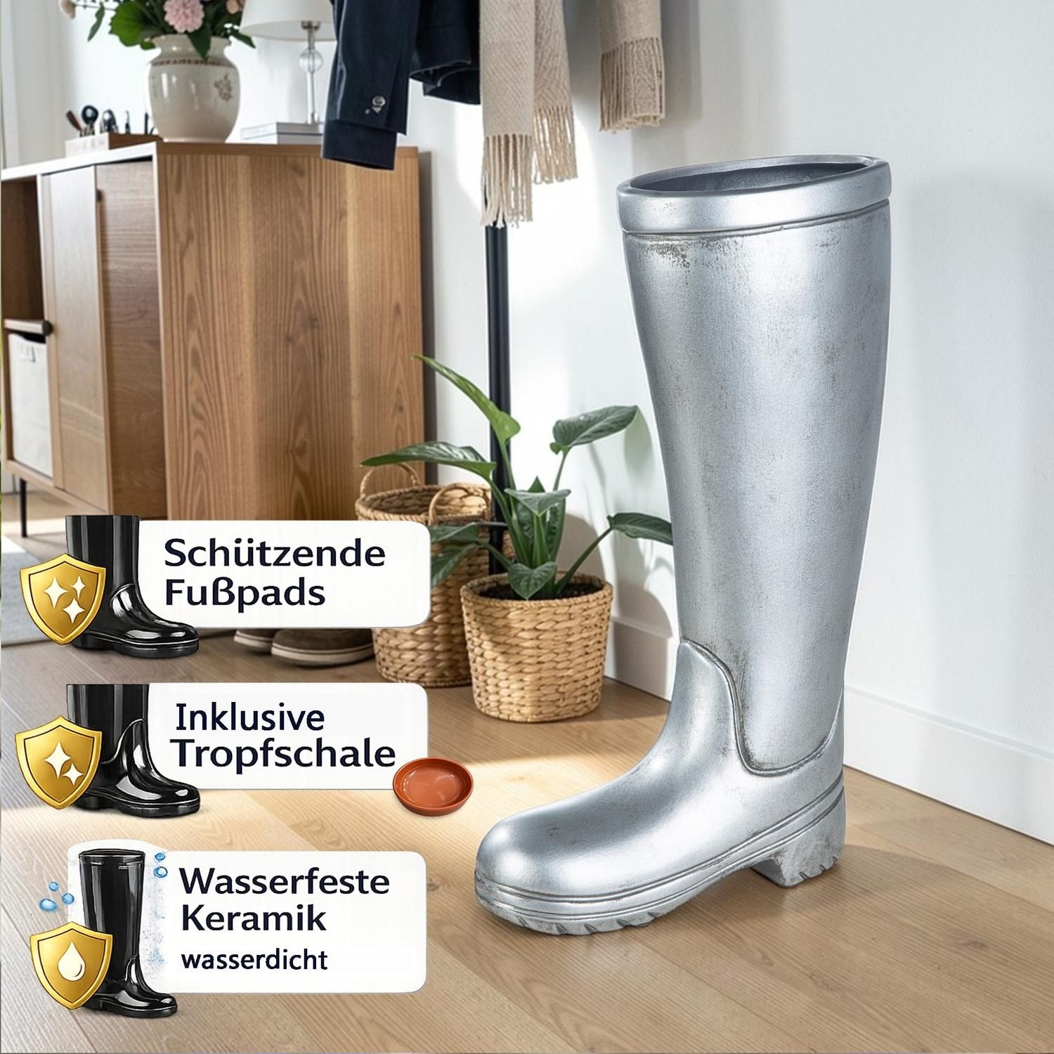Casablanca by Gilde Porte-parapluies »Regenschirmständer Stiefel, silber« pour parapluies, hauteur 45 cm, forme bottes en caoutchouc, en céramique