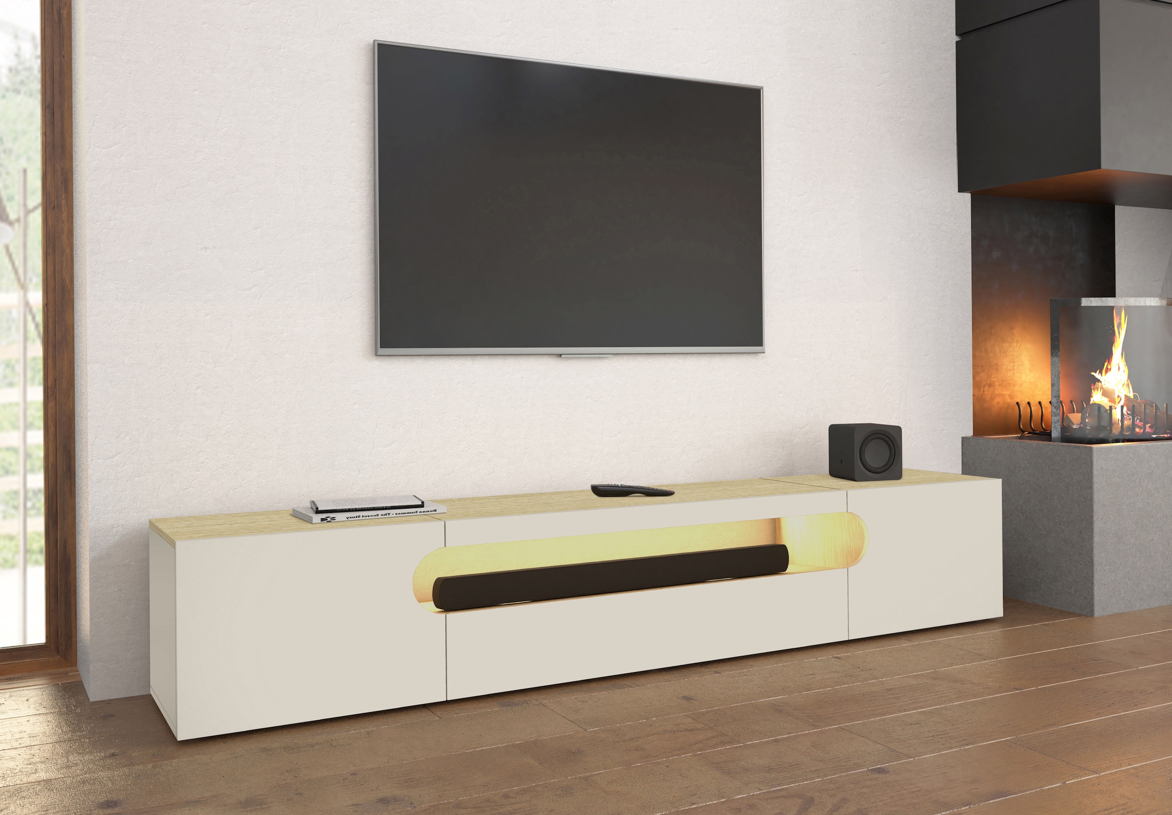 INOSIGN Table basse »REAL TV-Möbel, 240 cm breit, 40/60 cm hoch, Hochglanz oder matt« mit 2 abgerundeten Türen, 1 Klappe, die ein ovales offenes Fach bilden
