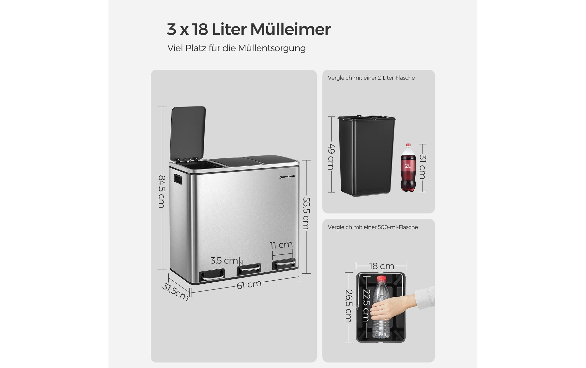 SONGMICS Mülleimer »3 x 18 l« 3 Behälter