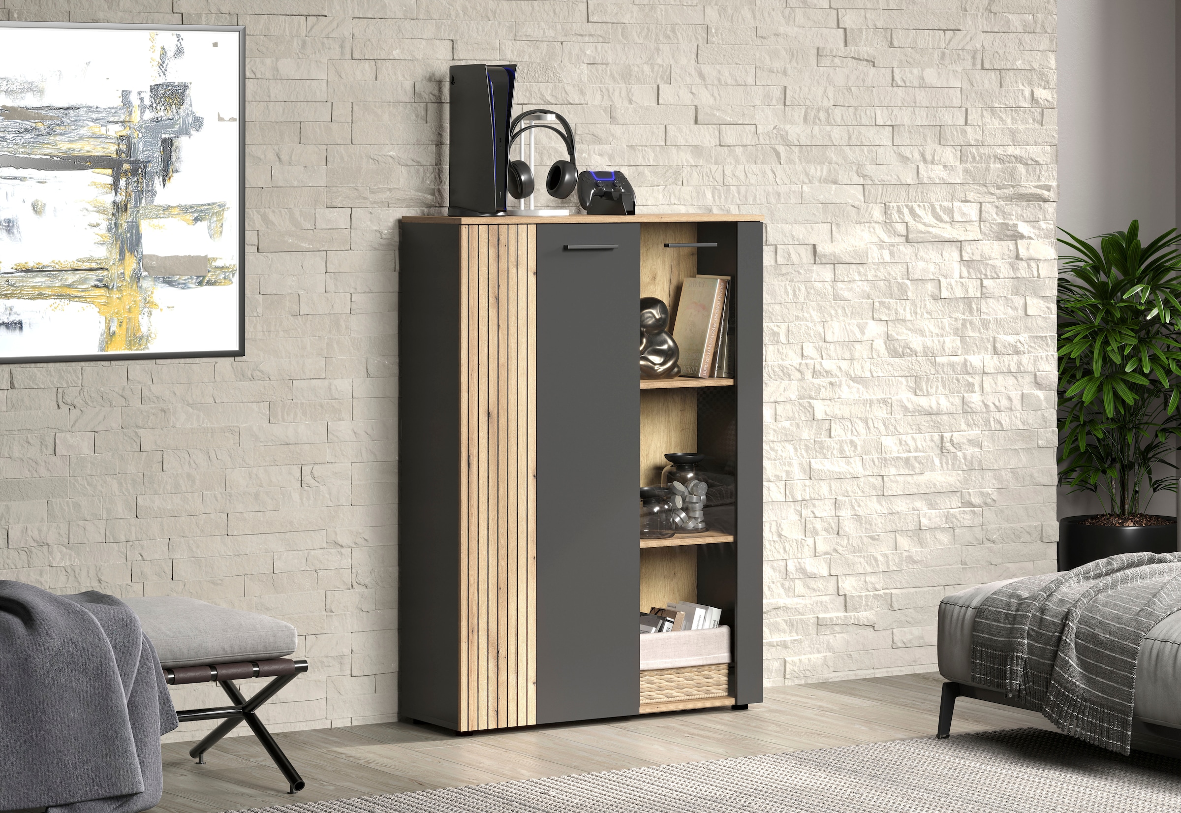 Home affaire Buffet haut »Estepona« 1 cuis tlg. vitrine, porte à effet rainuré, largeur 91 cm