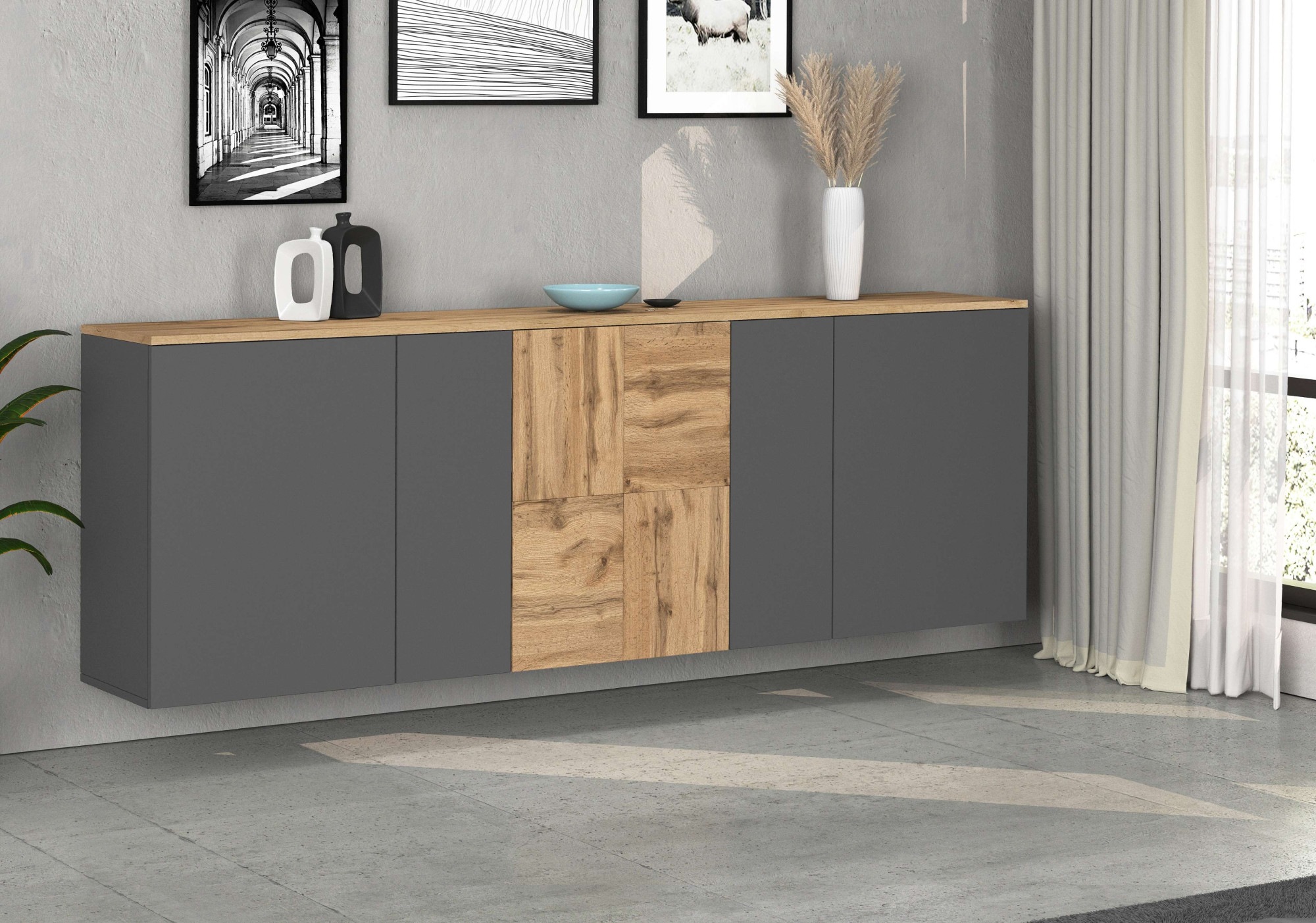 GOODproduct Sideboard »ISEO, Kommode, Schrank, Sideboard, Lowboard, 6 Fächer, Breite 200 cm« 1 cuis tlg. stehend/hängend, 5 Türen, 6 Fächer, Breite 200 cm