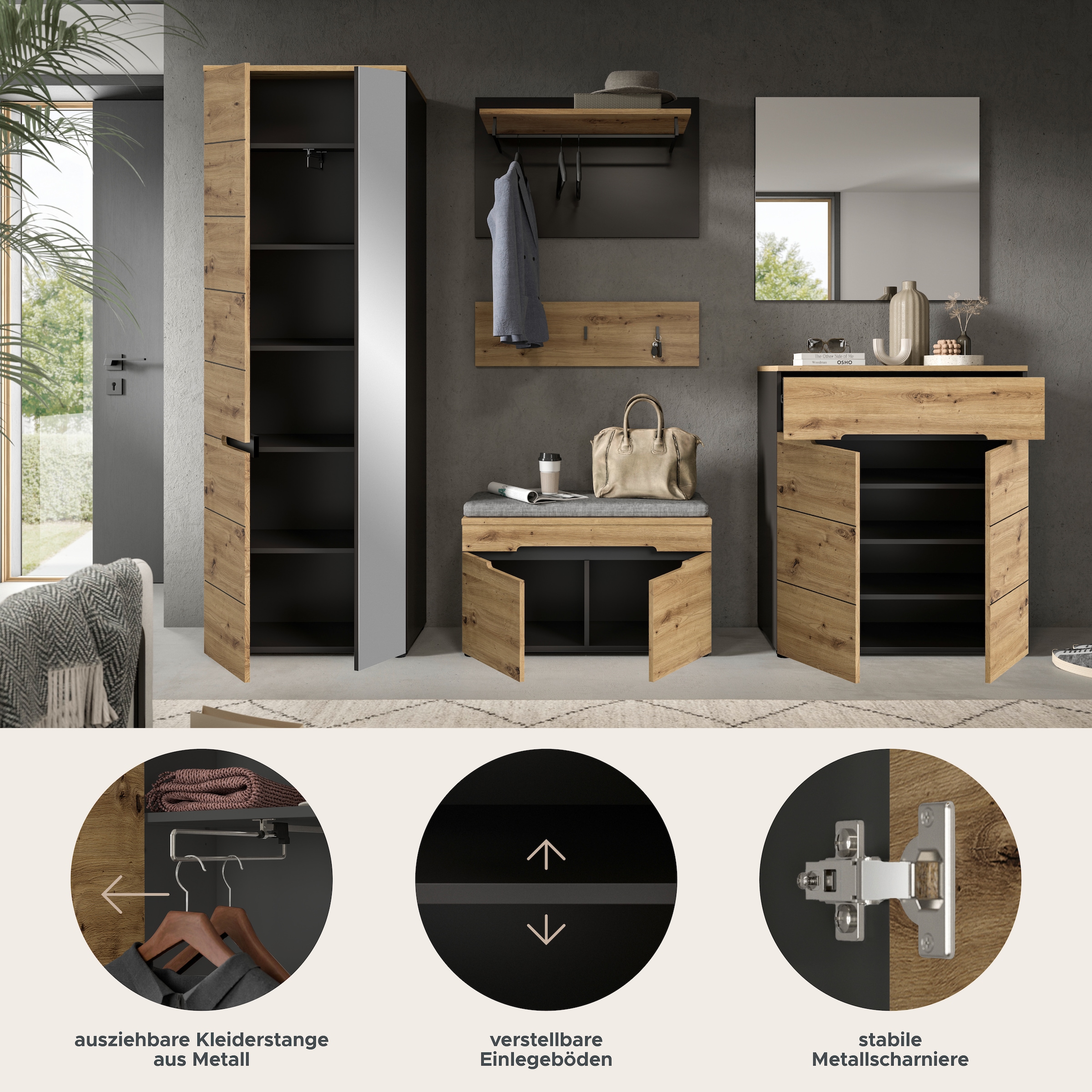 Home affaire Garderoben-Set »REHAT, TOPSELLER!, 6-teilig, Breite 255 cm, individuell erweiterbar« Set, Schrank, Sitzbank, Sitzkissen, Paneel, Hakenleiste, Spiegel, Kommode, 6 Stk. tlg.