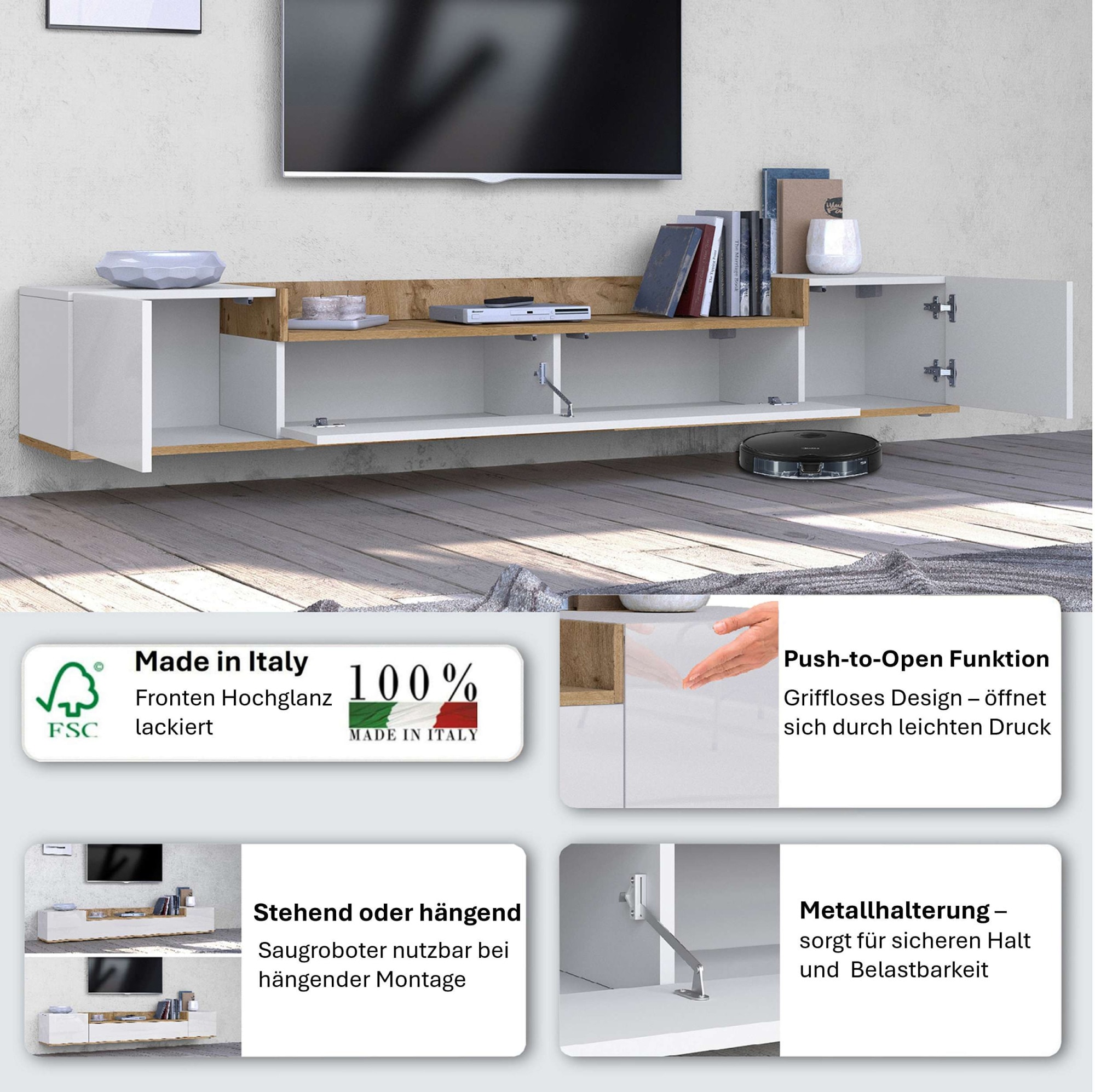 GOODproduct Table basse »BOLSENA,TV-Kommode, TV-Möbel,TV-Bank, 4 Fächer und offenes Ablagefach« 1 cuis tlg. Breite 200 cm,stehend/hängend,Fronten Hochglanz lackiert,Made in Italy