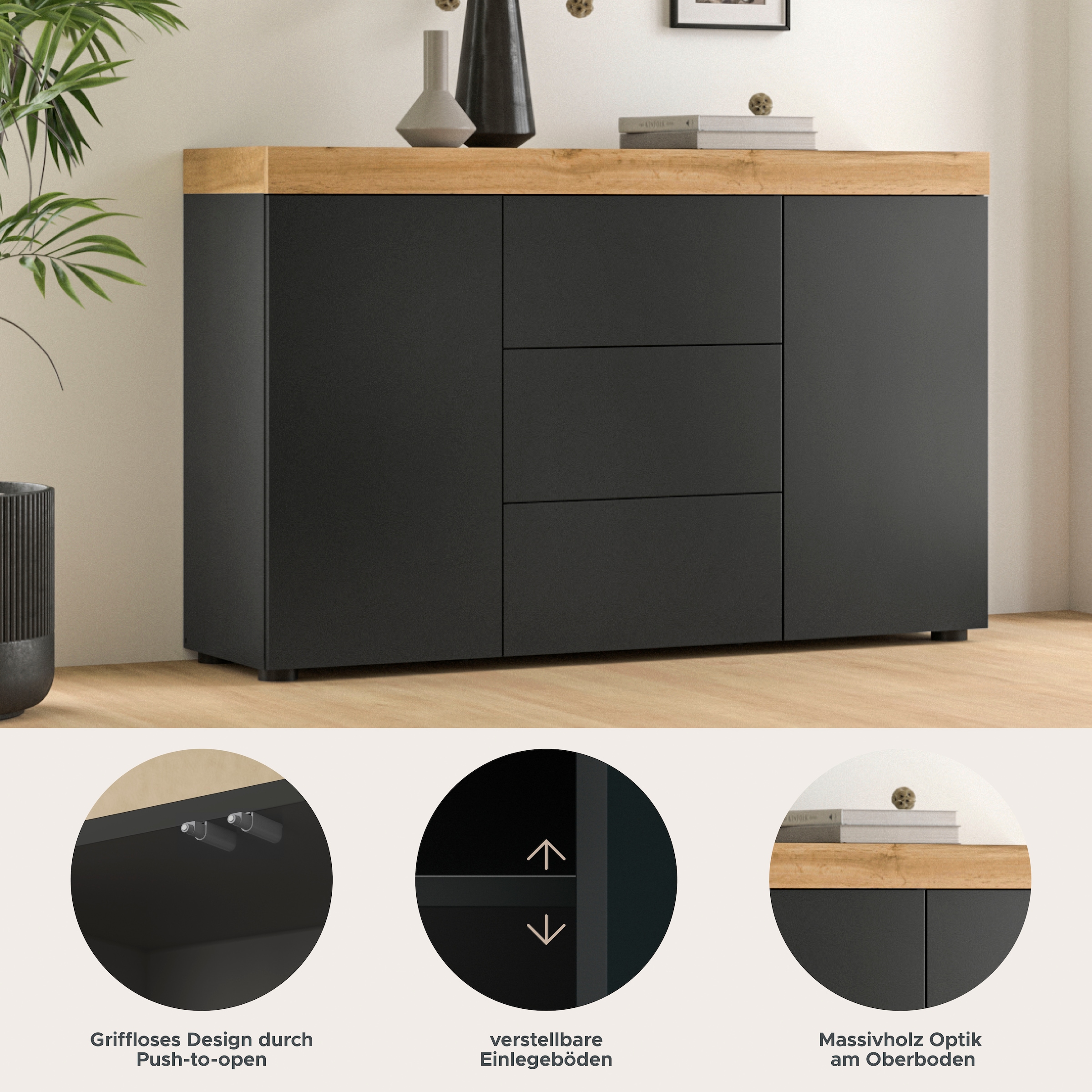 GOODproduct Sideboard »MAMBO, TOPSELLER!, Breite 125cm, 2 Türen, 3 Schubkästen, push-2-open« 2 farbige Ausführung, in verschiedenen Farben erhältlich, 1 Stk. tlg. Sideboard, Kommode, Wohnzimmer, Flur, Arbeitszimmer