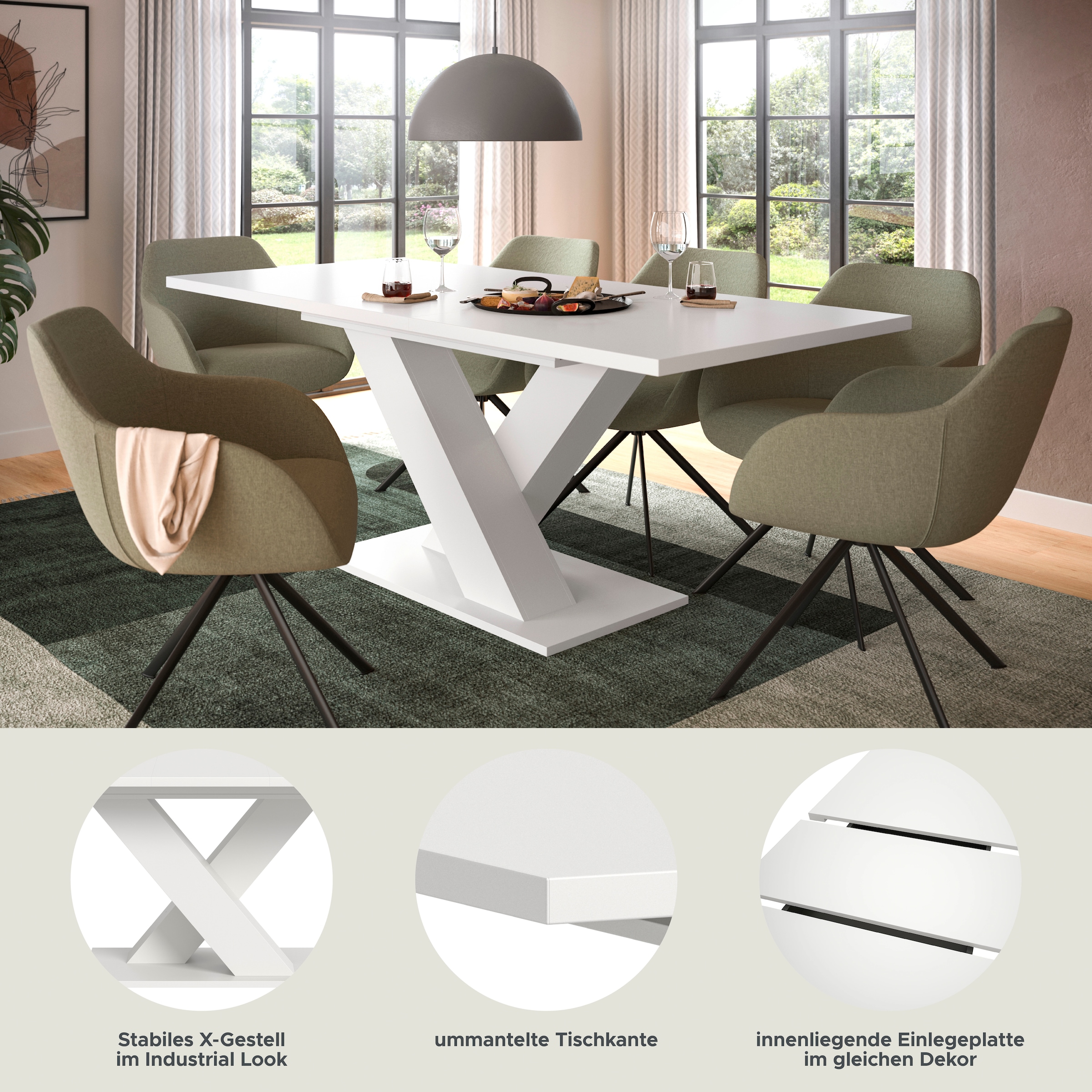 INOSIGN Table de salle à manger »Motus, ausziehbar 150 -190 cm, inklusive 40 cm Einlegeplatte« Set, 1 cuis tlg. X-Gestell mit Bodenplatte, Tisch, Küchentisch, Esszimmer, Küche