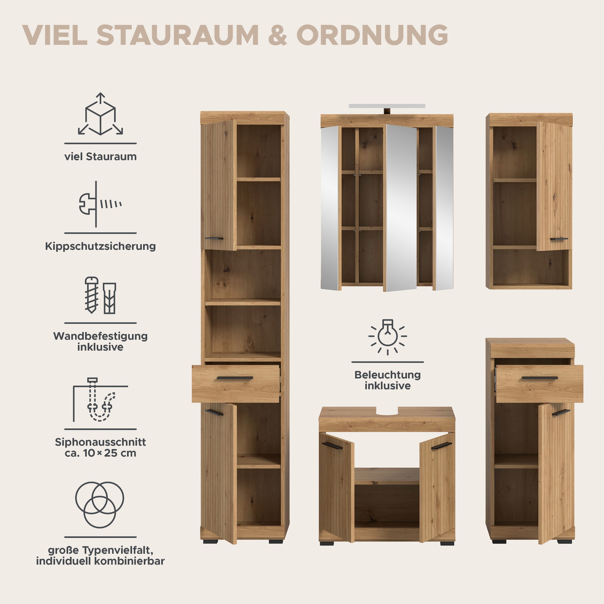 welltime Badmöbel-Set »SIENA, 5 teilig, inklusive LED Beleuchtung, bestehend aus:« Set, TOPSELLER!, 5 Stk. tlg.