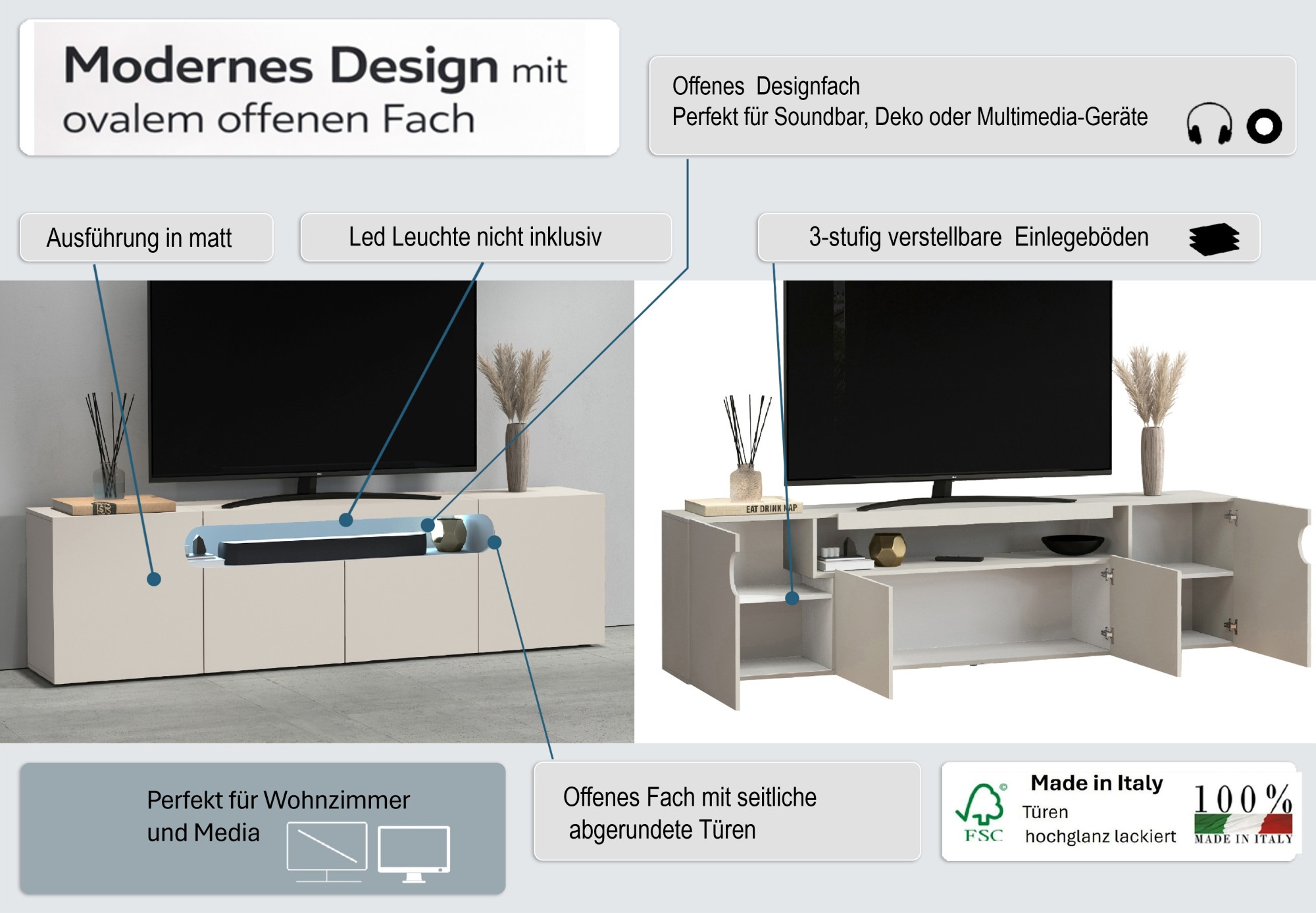 GOODproduct Lowboard »REAL,Lowboard,TV-Kommode,TV-Möbel,TV-Bank« 1 Stk. tlg. Mit 4 Türen, davon 2 abgerundet, die ein ovales offenes Fach bilden