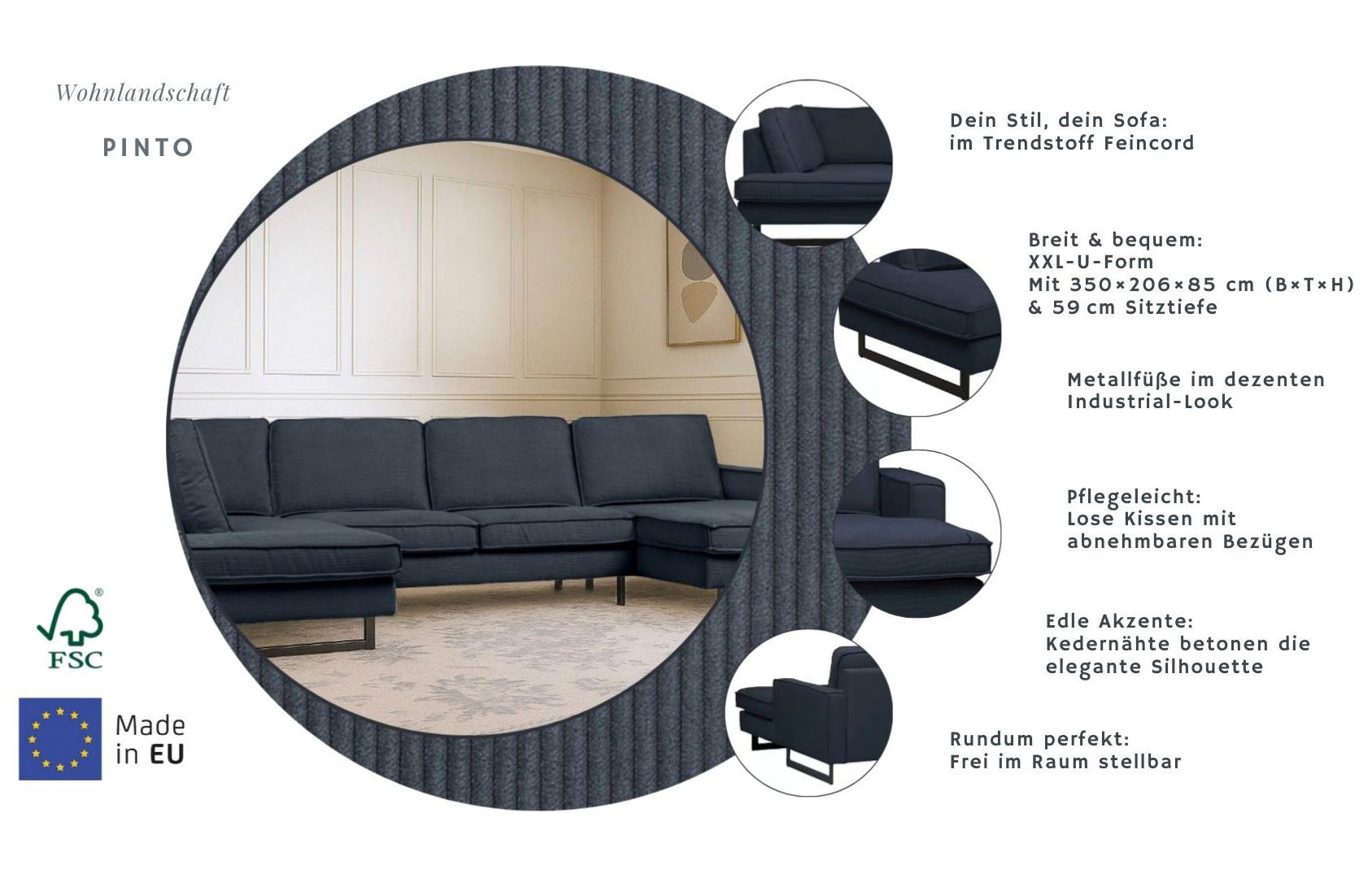 Home affaire Wohnlandschaft »Pinto, 350 cm, U-Form, XXL, mit Ottomanen« Cord, Chenille, Lederoptik, mit Keder, Metallfüsse, Wellenunterfederung