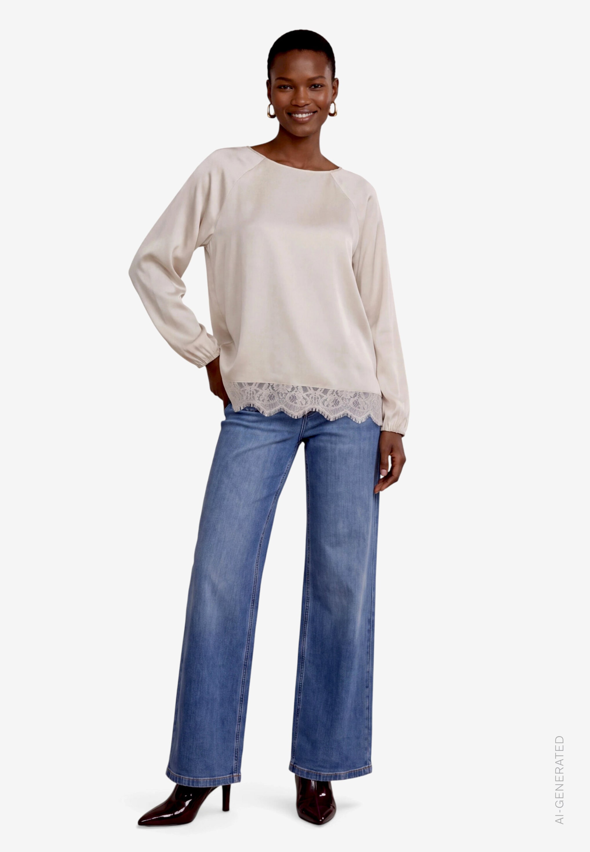 Zero Chemise en satin Satin Langarmshirt mit Häkelkante am Saum