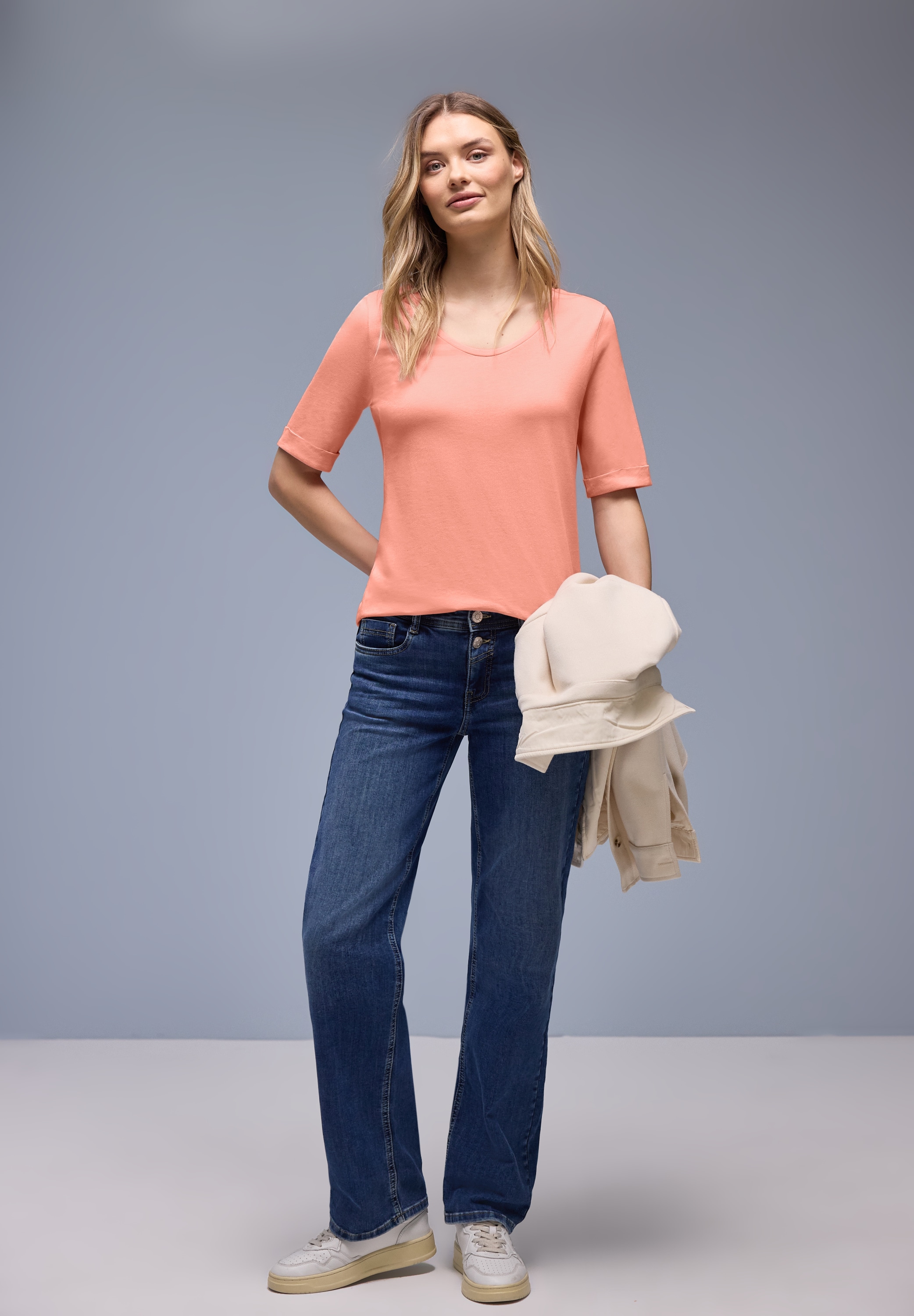 STREET ONE Rundhalsshirt Halbarm mit Turn-up