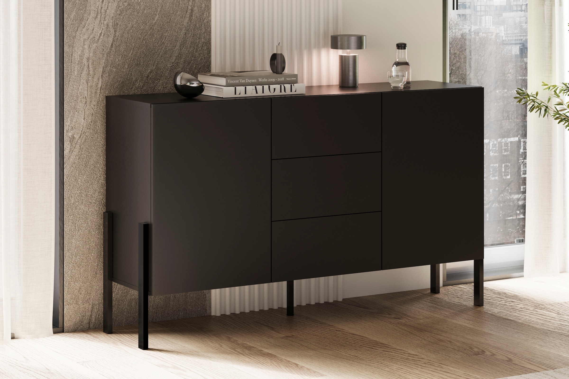 GOODproduct Sideboard »Jukon, Breite 150 bzw.180 cm, moderne grifflose Kommode« Schubladenschrank 2 Türen/3 Schubkästen, push-to-open-Funktion