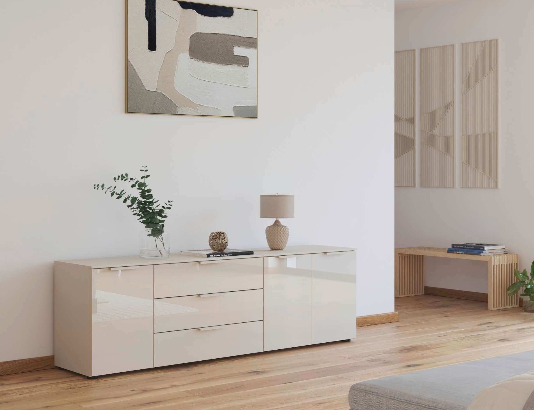 rauch Kombikommode »Kommode Türkommode Sideboard Kombikommode FLIPP mit Glasfront« Breite 200 cm mit 2 Einlegeböden,  3-türig mit 3 Schubladen und Soft-Close-Funktion sowie Glasfront