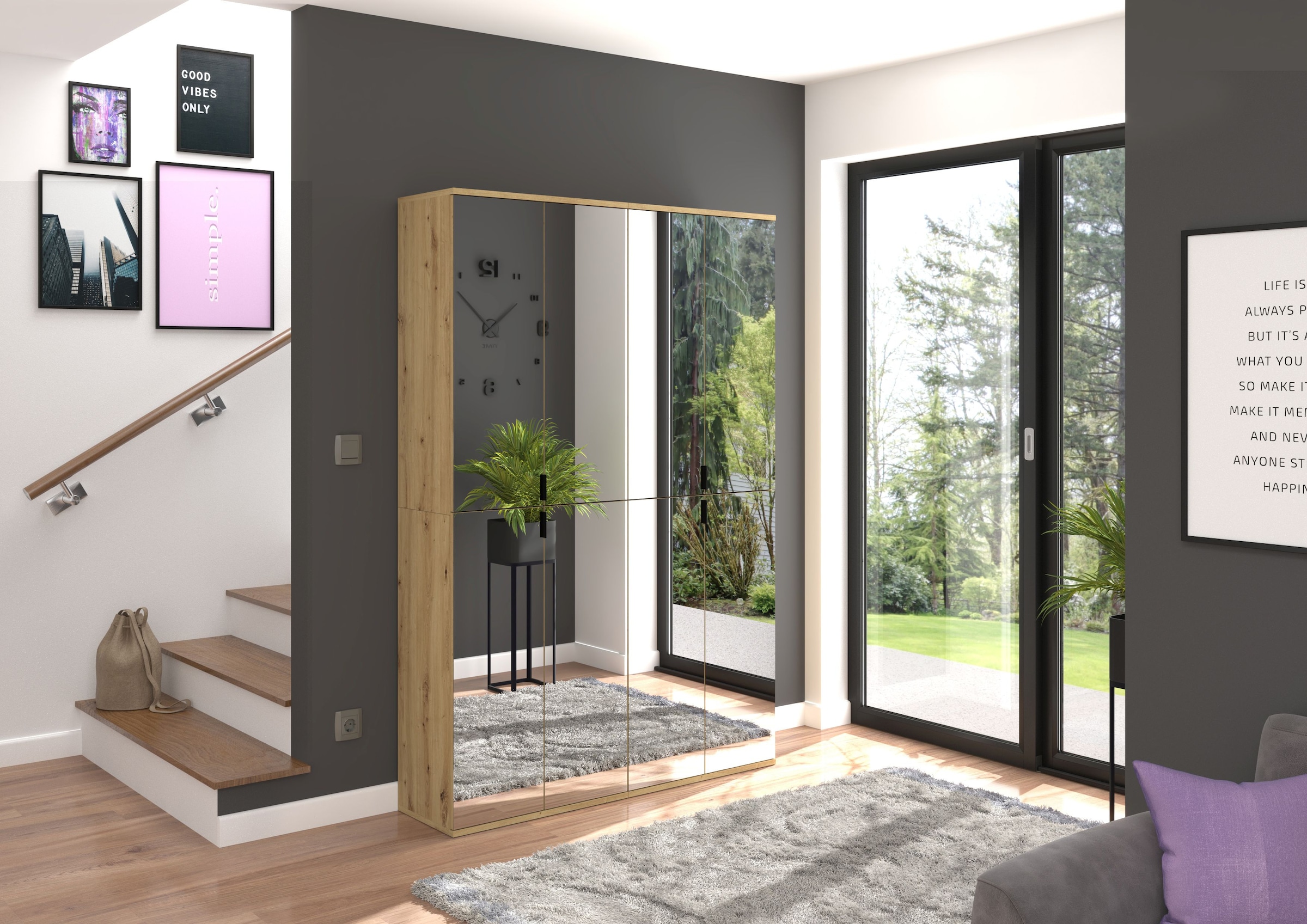 Home affaire Schuhschrank »Trondheim, Höhe 193 cm, 4 Spiegeltüren, 9 Fächer, 7 Einlegeböden« inkl. ausziehbarer Kleiderstange, Garderobenschrank, Kleiderschrank