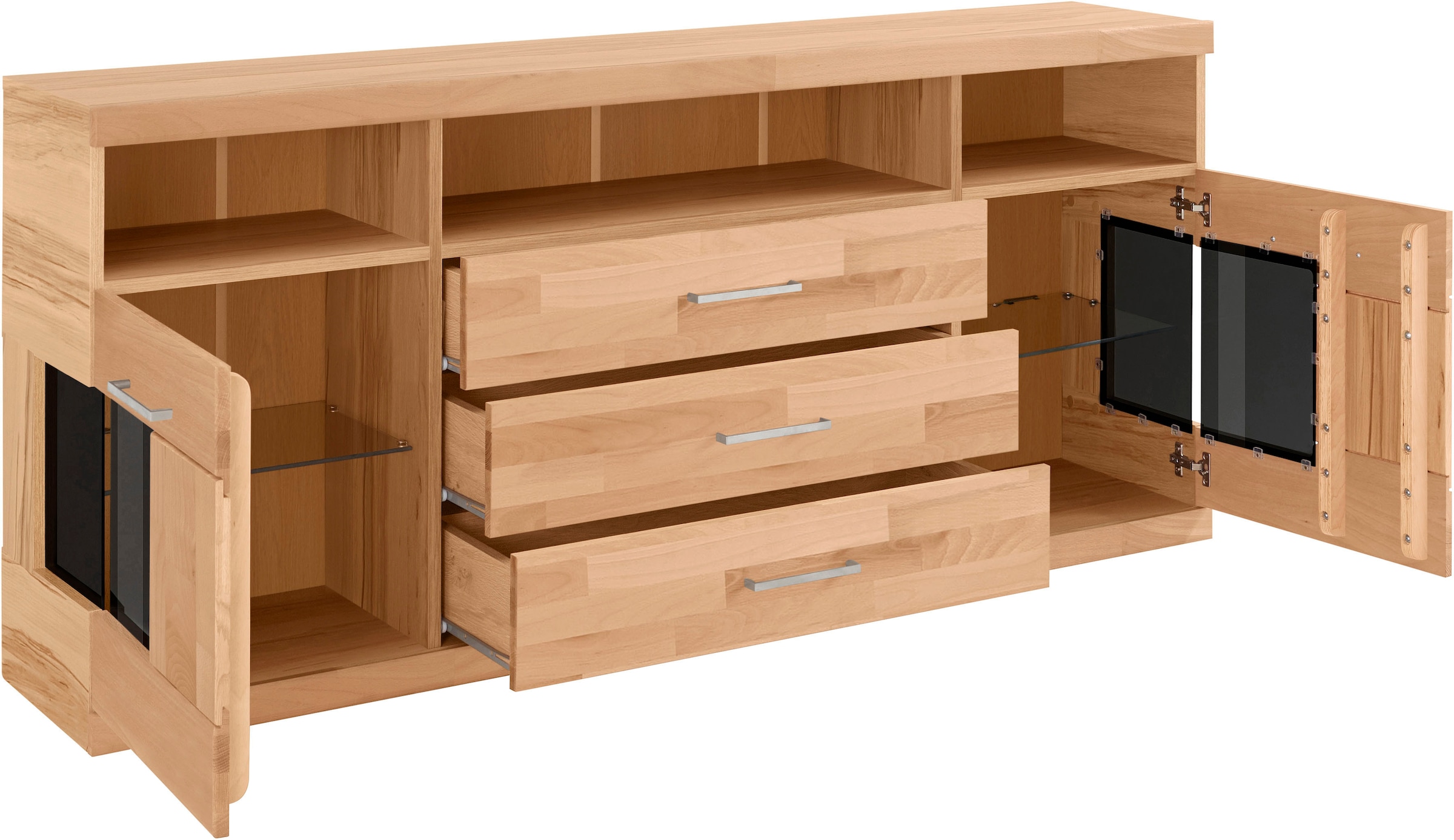 GOODproduct Sideboard »Ribe,180cm breit, Fronten Massivholz,7 Fächer,Böden versetzbar« Korpus Holzwerkstoff,Türen mit Glaseinsatz,3 breite Schubladen