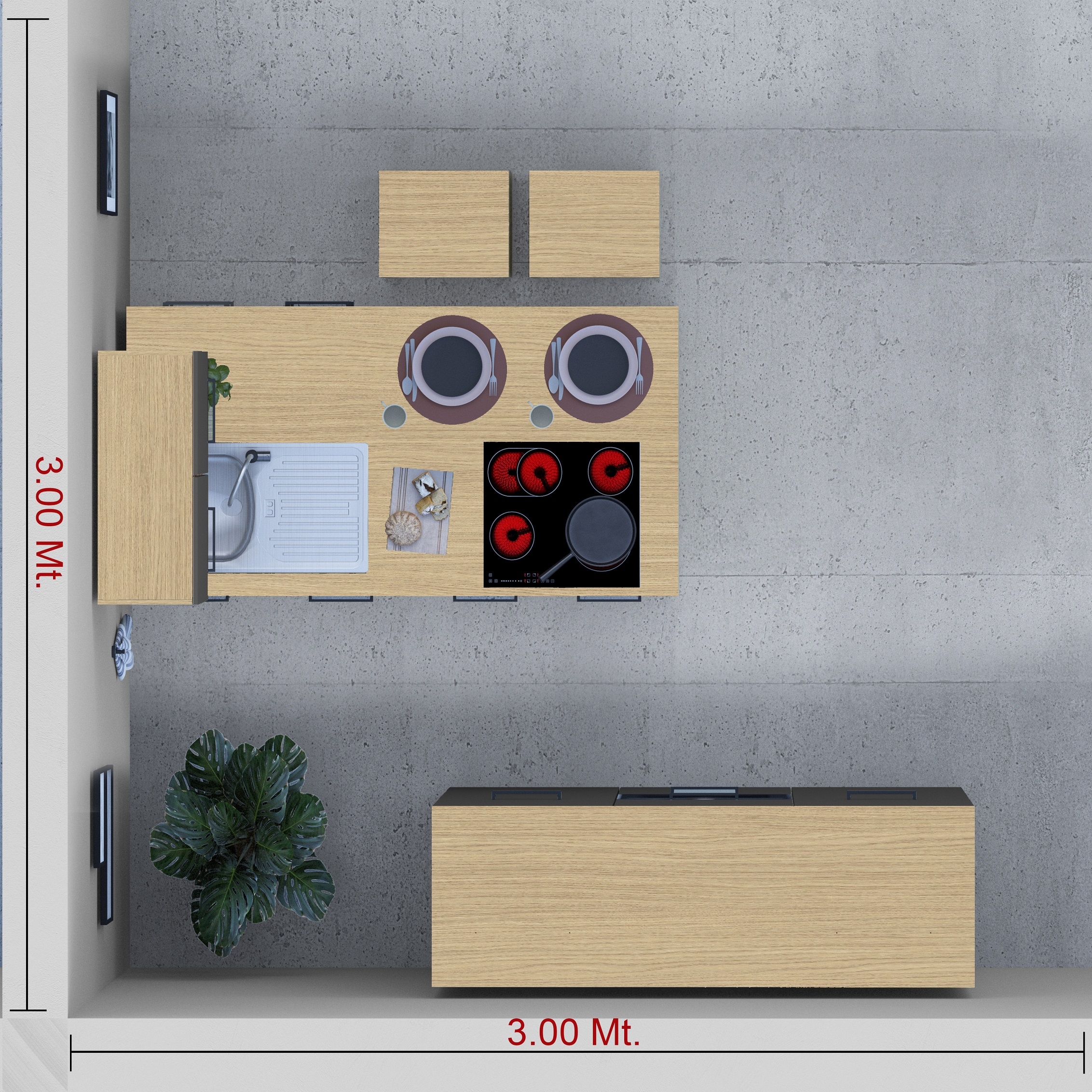 KOCHSTATION Kitchenette »Luna, Küchenblock, Kücheninsel, Hängeschrank, Made in Italy« 3er-Set, Metallgriffe, Soft-Close-Funktion, inklusive Spüle