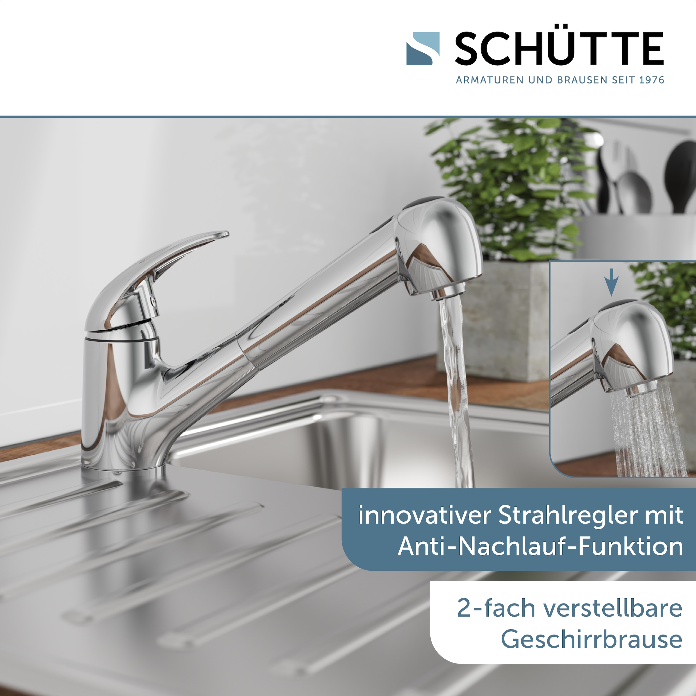 Schütte Robinet d'évier »ABERDEEN« mit Geschirrbrause, Niederdruck Armatur Küche, 150° schwenkbar, Chrom