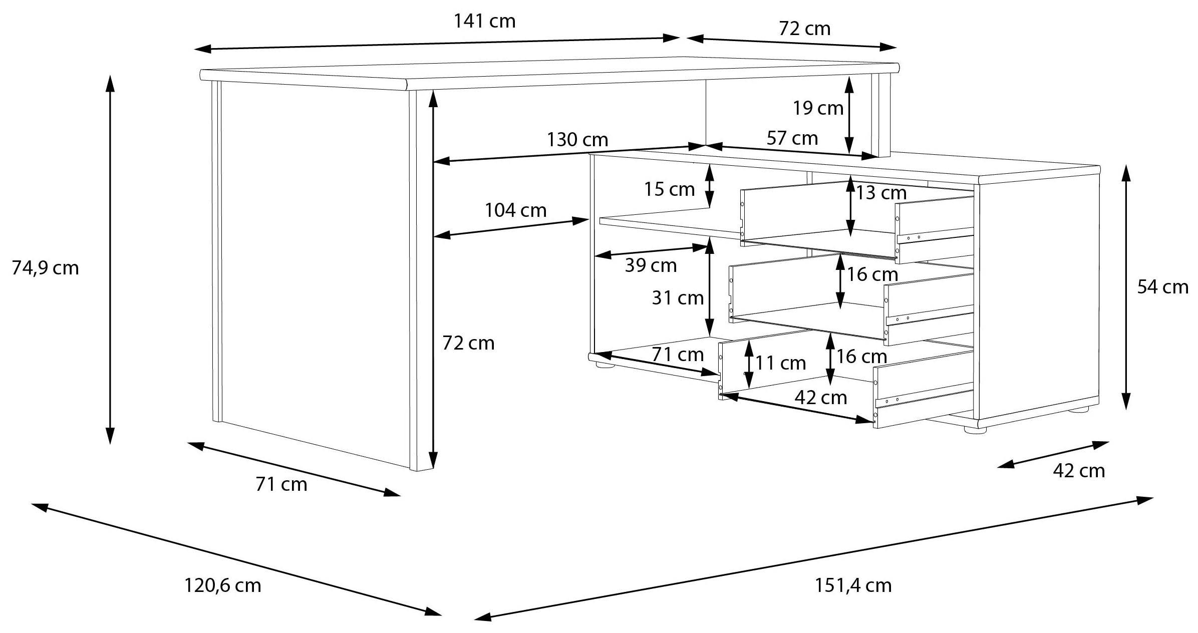 FORTE Bureau d'angle »Tempra« beaucoup de rangement, largeur 151 cm