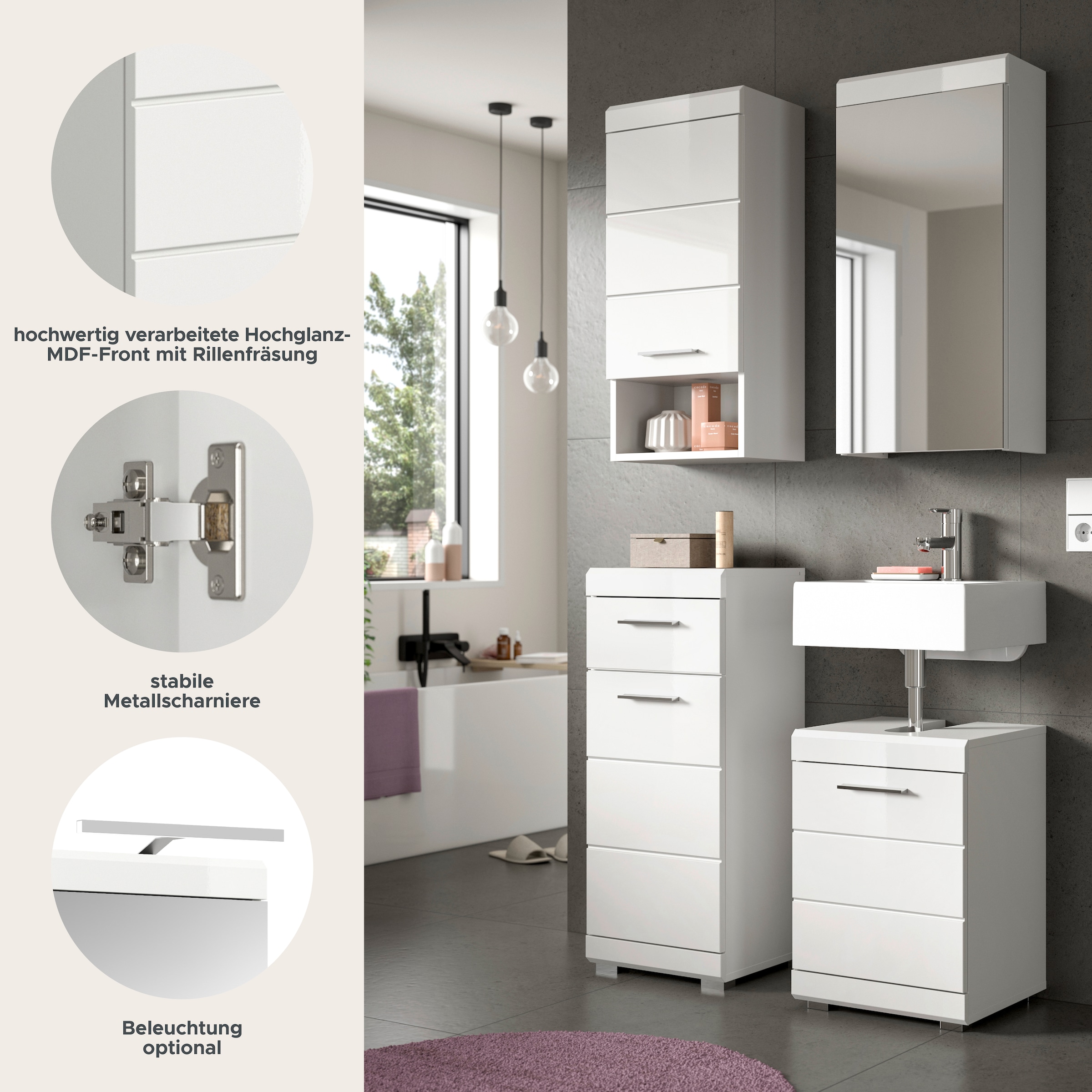 welltime Badmöbel-Set »SIENA, 4-tlg., WBU, Spiegelschrank, Hänge- & Unterschrank, MDF-Front«