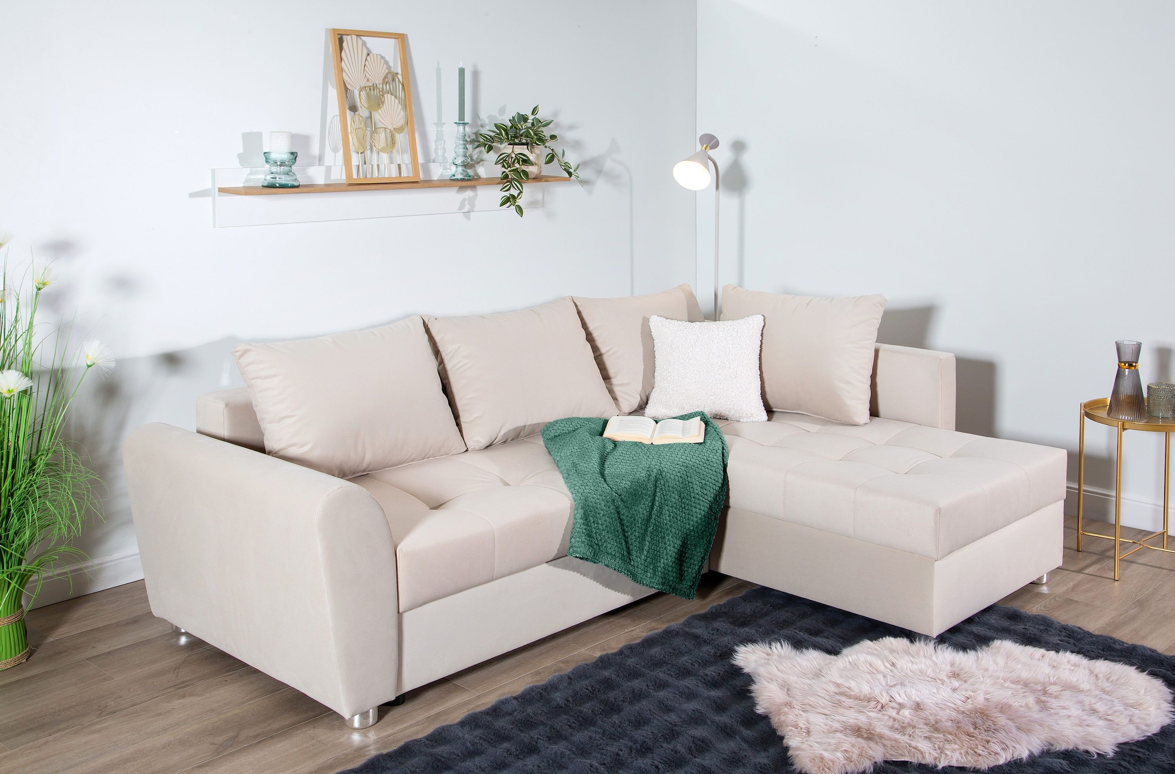 COLLECTION AB Canapé d'angle »Jana L-Form, B: 220 cm« Bettfunktion, Bettkasten & 1 Zierkissen, Federkern
