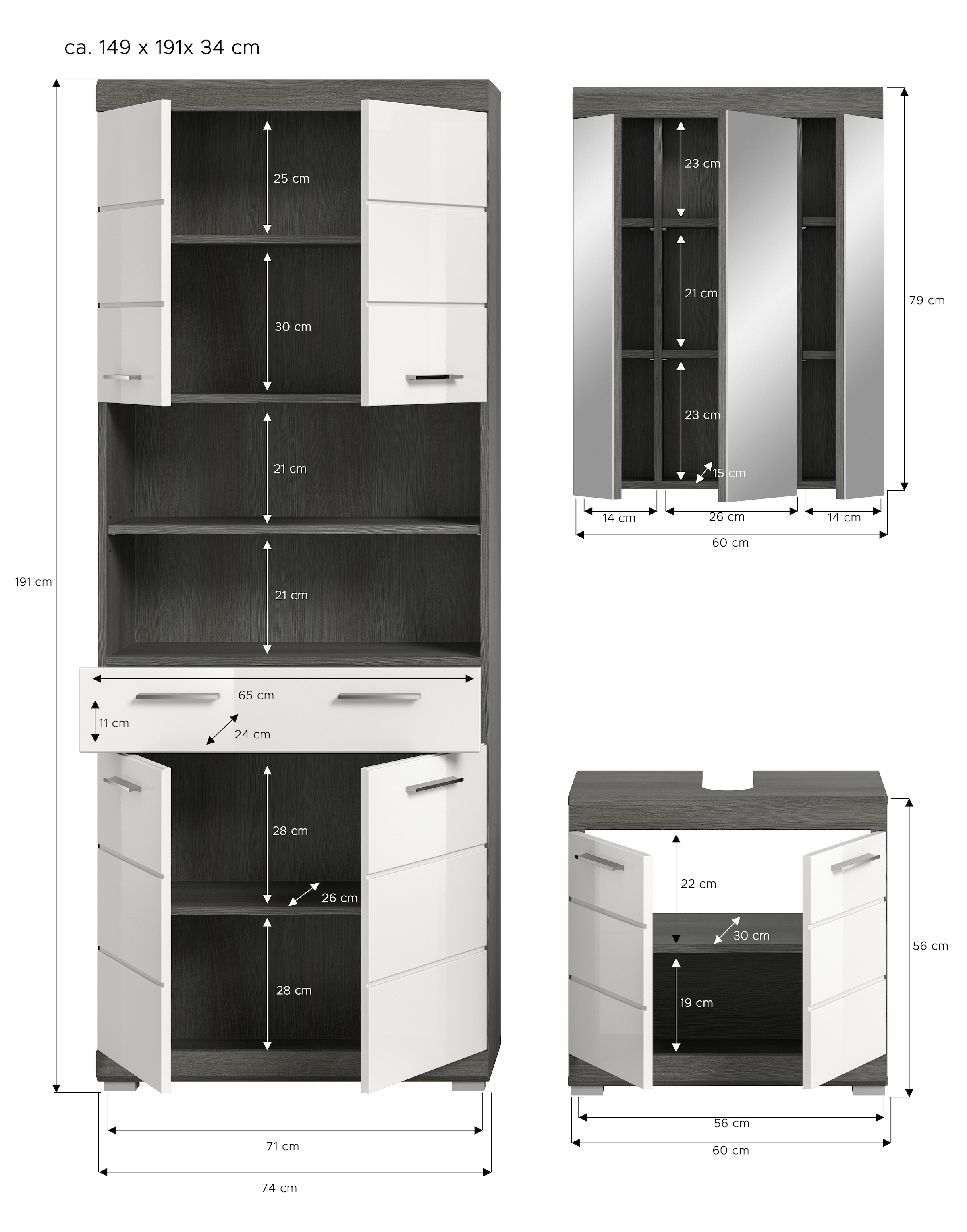 welltime Badmöbel-Set »SIENA, TOPSELLER!, Breite 149cm, 3-teiliges Set« Set, bestehend aus: Hochschrank, Waschbeckenunterschrank & Spiegelschrank, 3 Stk. tlg.