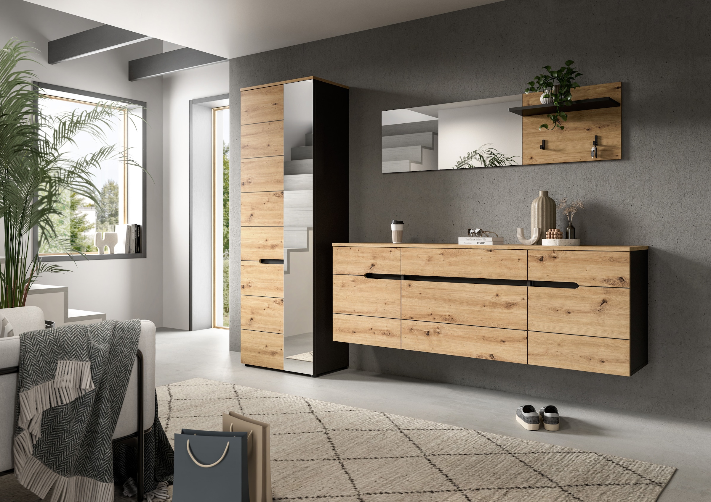 Home affaire Garderoben-Set »REHAT, TOPSELLER!, 3-teilig, Breite 256 cm, individuell stellbar« Set, best. aus: Garderobenschrank, Hängeschrank & Garderobenpaneel, 3 Stk. tlg.