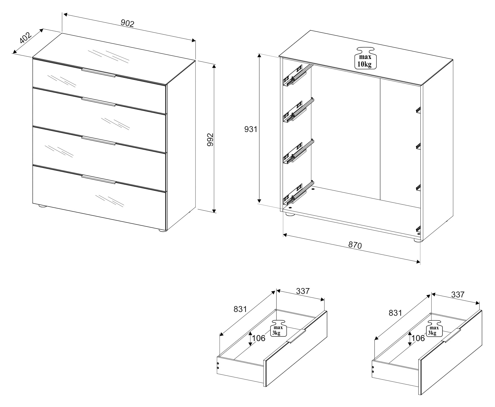 HBZ Kommode »Santorin Mehrzweckschrank mit Schubkästen, BxHxT 90x99x40 cm« 1 Stk. tlg. Mit 4 Schubkästen mit Softclose, Glasfront und Glasoberboden